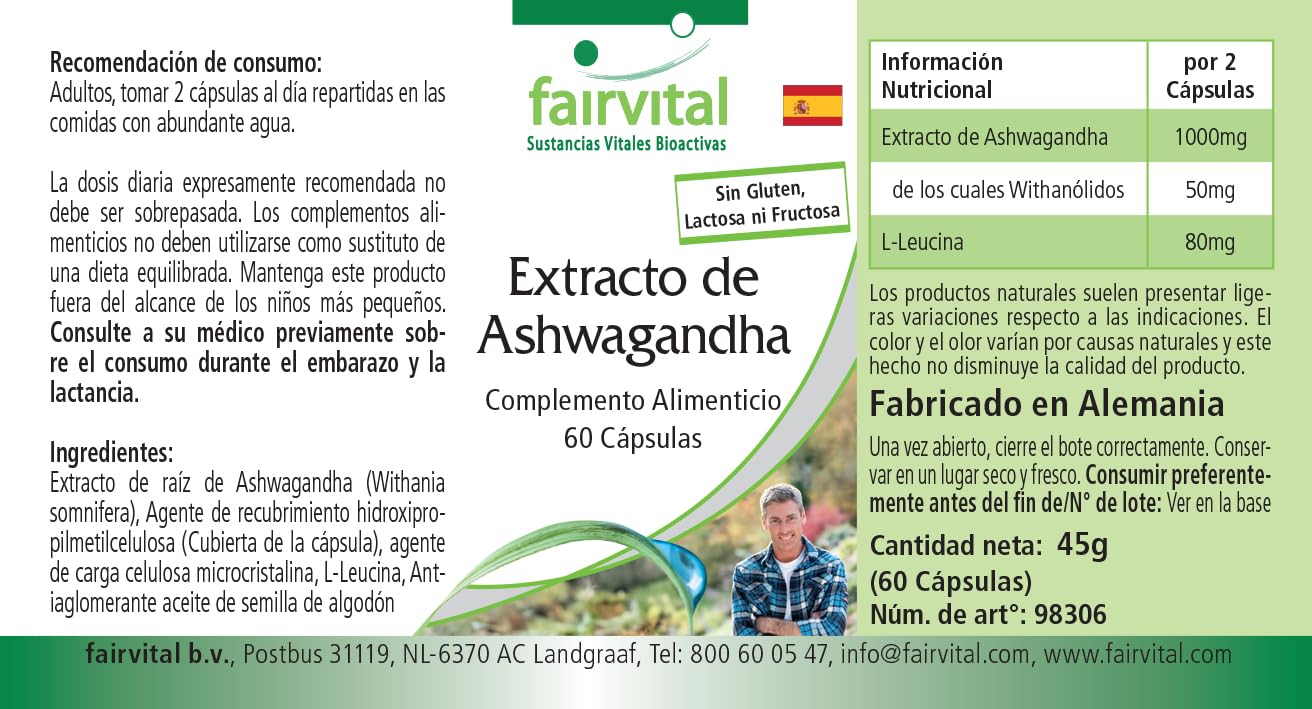 fairvital Gélules d'Ashwagandha, 180 gélules (60 x 3), HAUTEMENT DOSÉES, 1000mg d'extrait d'Ashwagandha 12:1 par dose journalière, 5% de withanolides, VÉGÉTALIENNES, Withania Somnifera