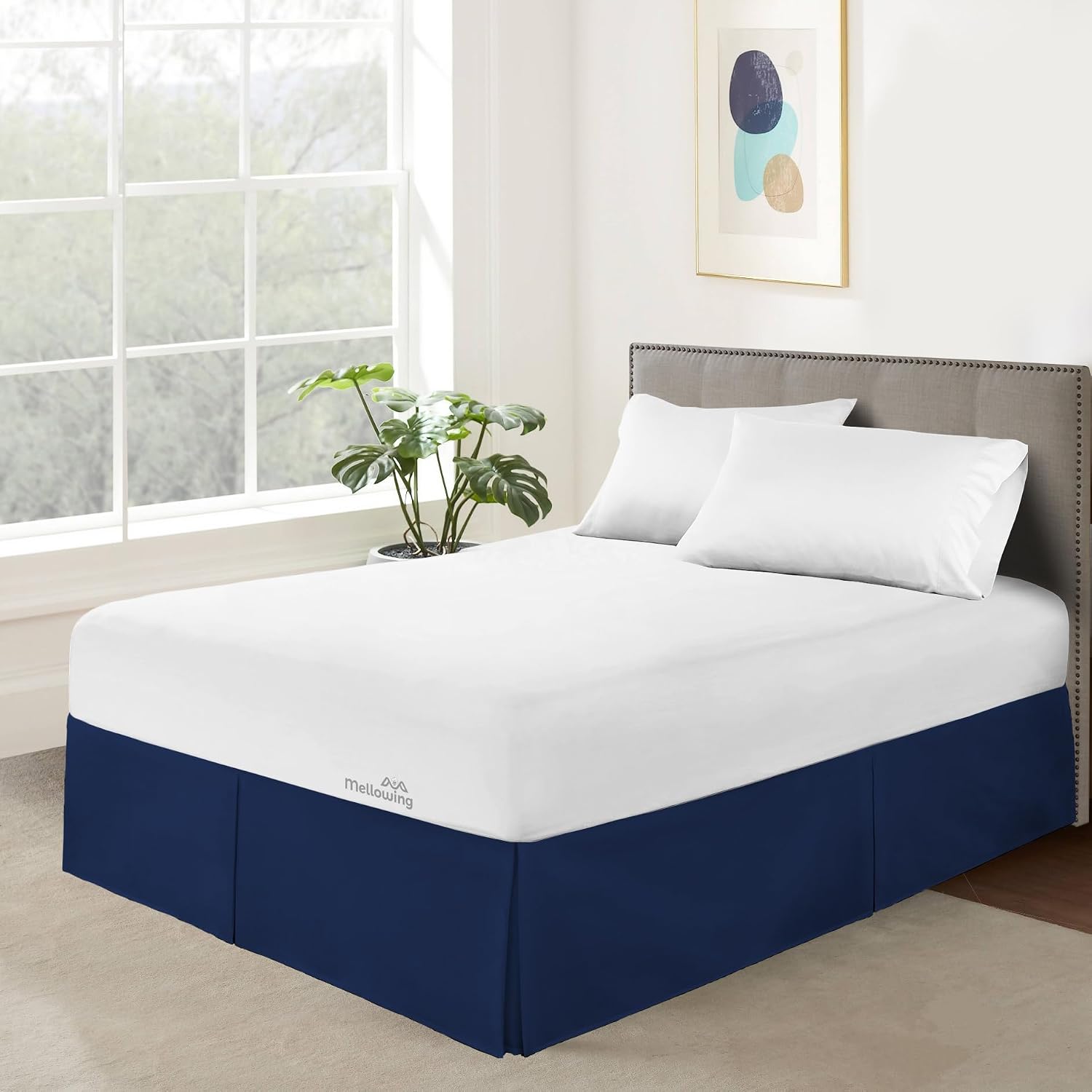 Mellowing Pleated Bed Skirt with Platform Three Sided Coverage 10 inch Tailored Drop Brushed Microfiber Pleated Bed Skirt with Split Corners (Queen,Navy Blue)
