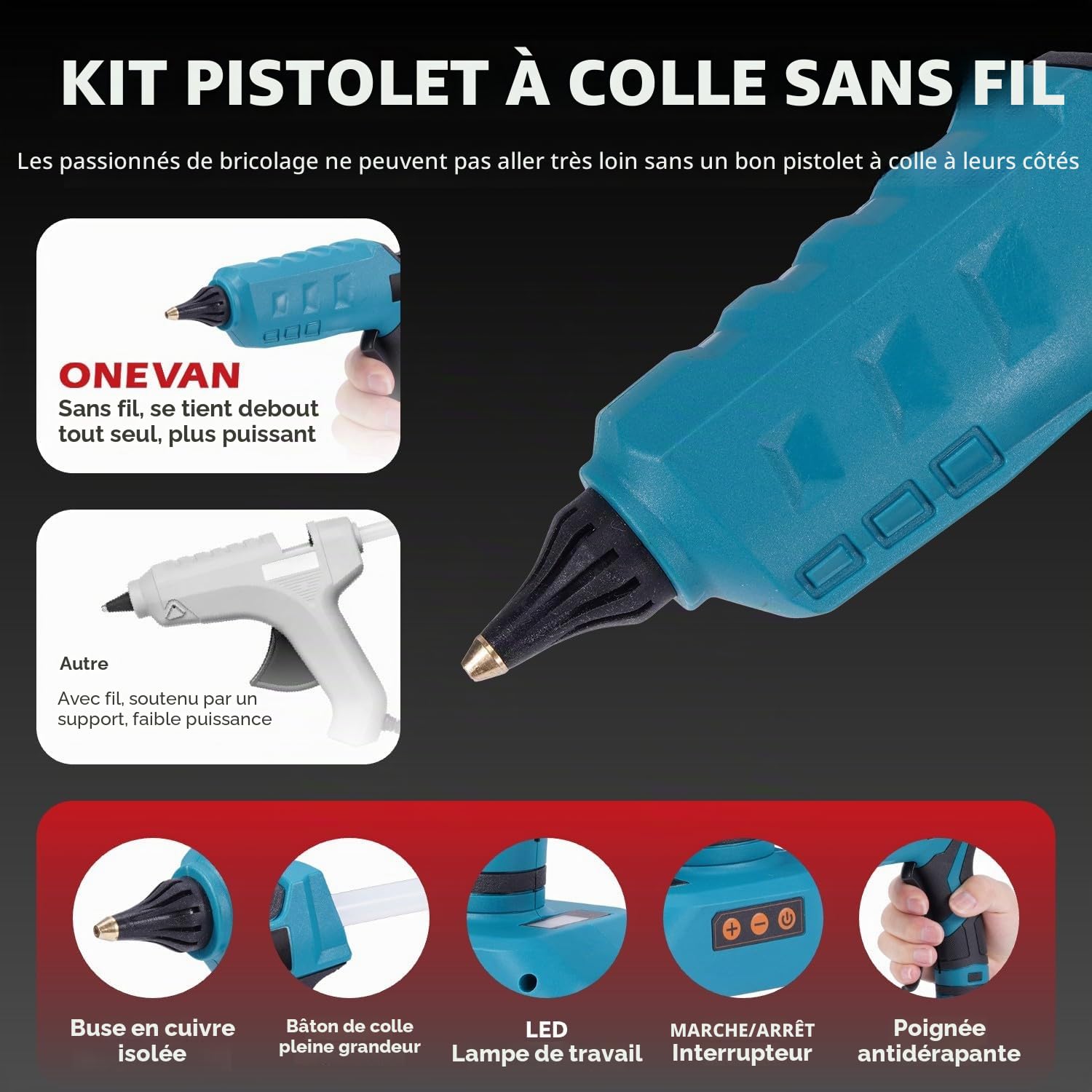 ONEVAN Pistolet Silicone Chaud Sans Fil, Decapeur Thermique, Pistolet à Cartouche Électrique, 100-200 ℃, Chauffage Rapide 60s, Affichage Numérique, avec 2 Batteries 2 Ah et 10 x Colle 11 mm