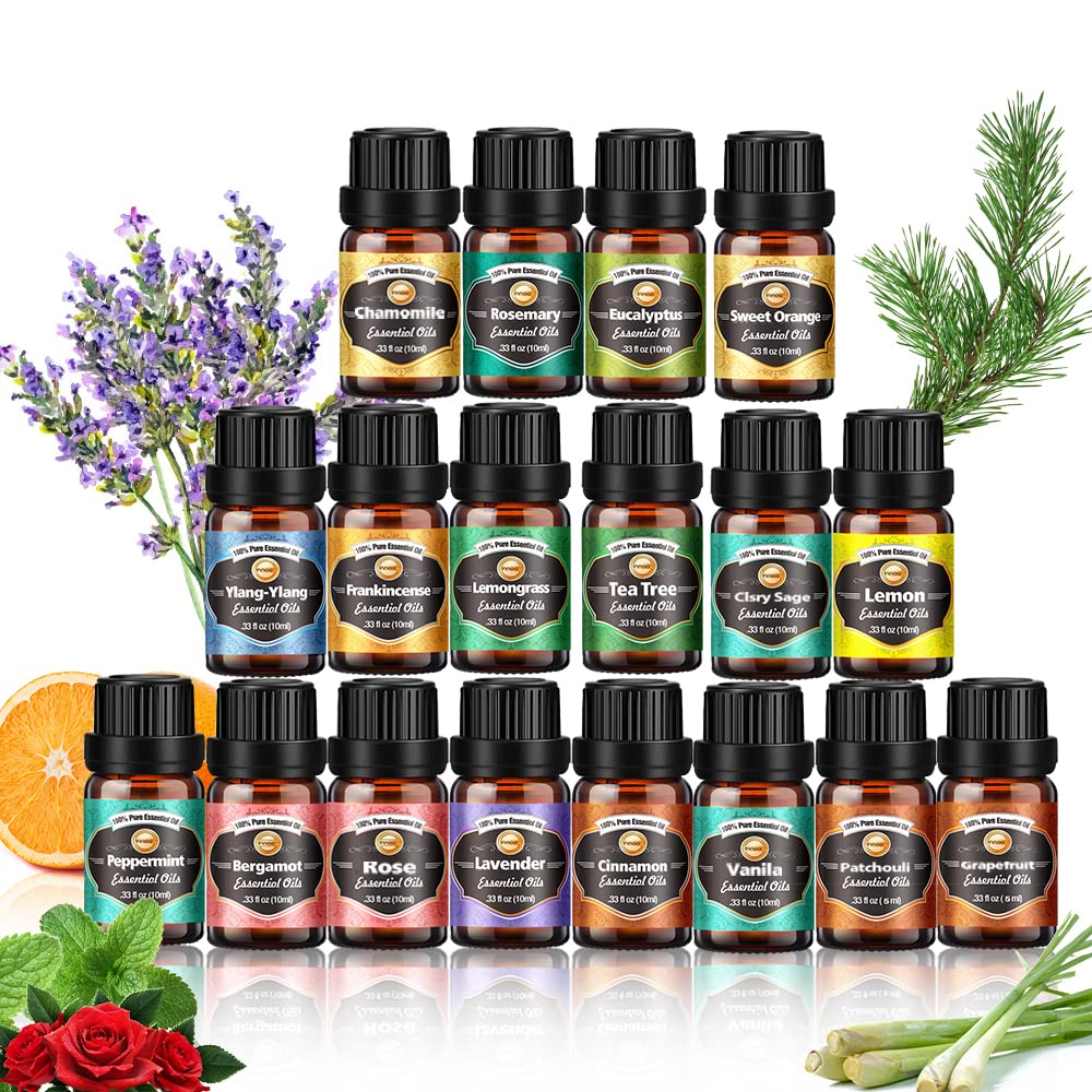 AMINAC Essential Oil Set, 18pcs x 10ml, Tea tree, Lavender, Eucalyptus, Frankincense, Lemongrass, Rosemary, Rose, Sage,Ylang-Ylang, Cinnamon, Bergamot, Grapefruit, Chamomile etc - Use in Diffusers