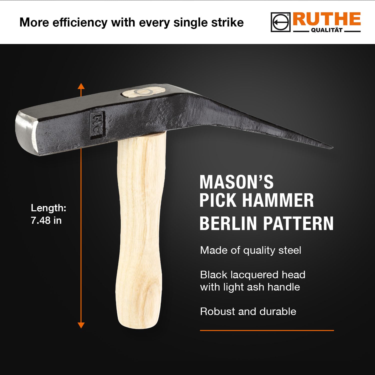 RUTHE Martillo adoquinador | Forma Berlín | 2.000 g | Cabeza de acero de alta calidad con acabado negro | Mango de fresno robusto | Herramienta profesional para pavimentación y mampostería