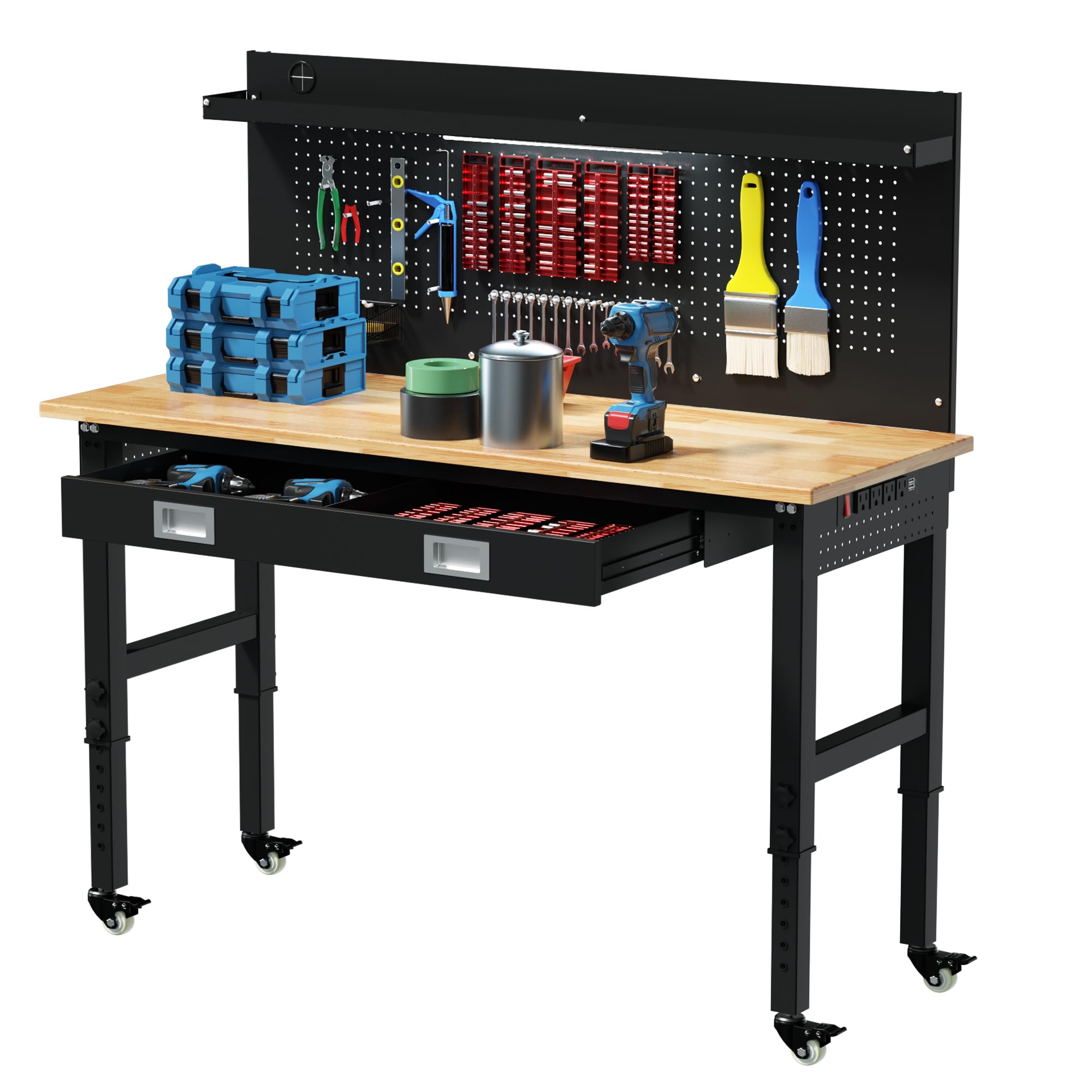 Betterhood 60" Heavy Duty Adjustable Workbench with Large Pegboard &amp; LED Light, Adjustable Work Table with Power Outlets &amp; Lockable Wheels, Rubber Wood Workstation for Garage, Workshop, Office, Home