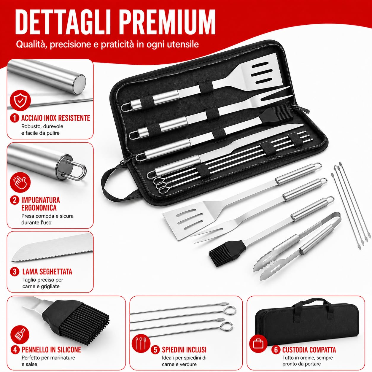 Set 9 pezzi Utensili barbecue Guanti da Barbecue Acciaio Inox Set Di Attrezzi Guanti da forno Doppio Resistente al Calore per Barbecue Grigliate Cottura al forno Camino