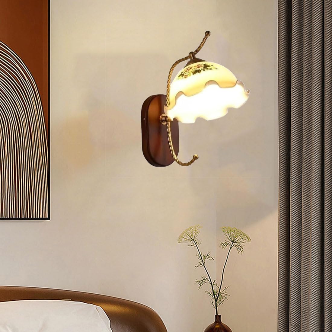 Lampada da parete moderna con paralume a forma di fiore, base in legno rustico, lampada a collo d'oca, lampade in stile nordico industriale per camera da letto, soggiorno, comodino, veranda, ingresso