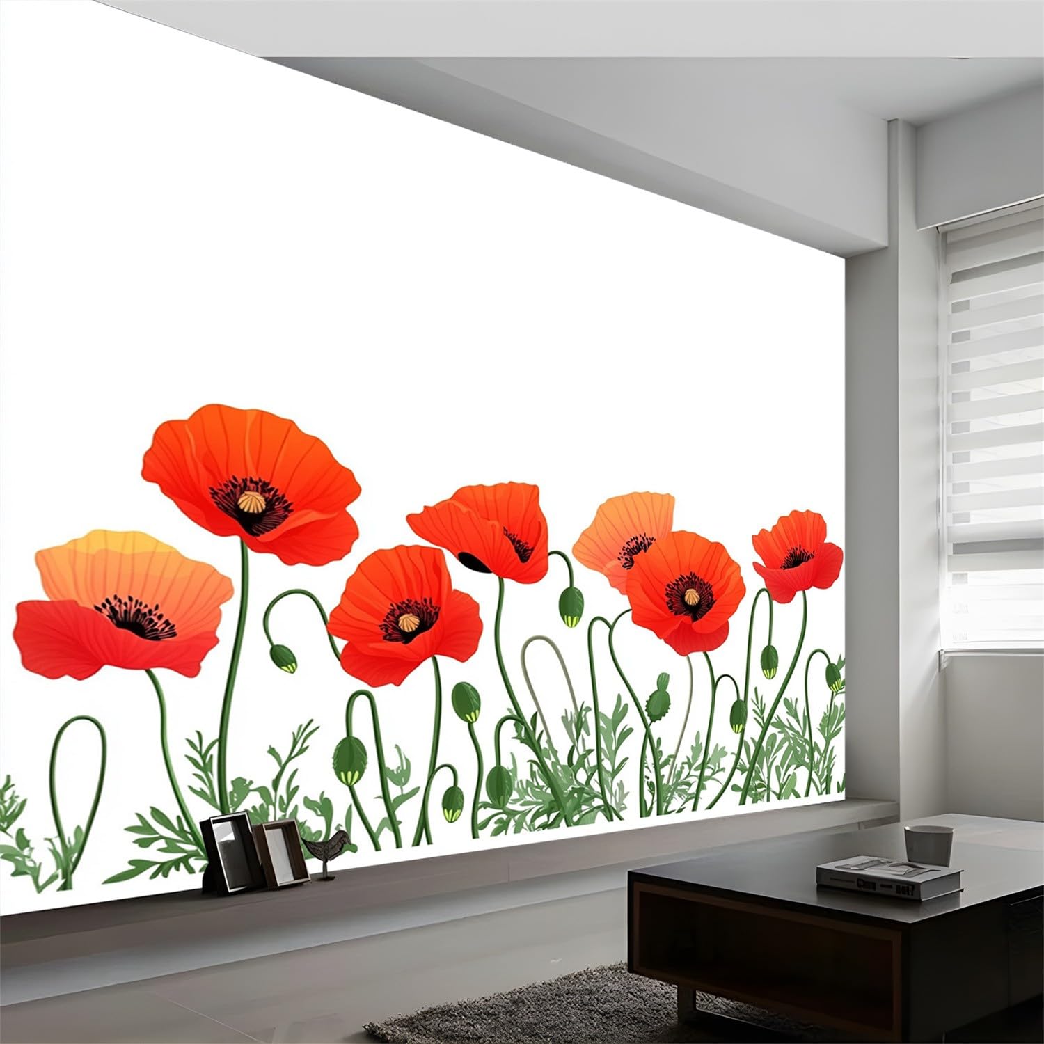 Tapeta na ścianę tapeta w rolce kwiaty maki dekoracja pokoju dziecięcego pokój dziewczęcy akademik efekt 3D czerwony biały klej papierowa dekoracja 250 x 175 cm