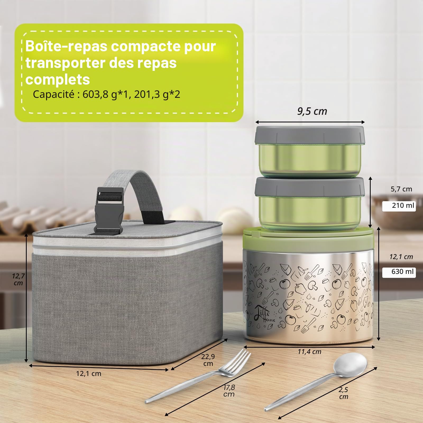 Lille Home Lunch Box Set 1065ml, Boîte à Bento/Snack Isotherme sous Vide pour Garder Les Aliments Au Chaud, avec 2 Récipients Alimentaires, Sac à Lunch, Ensemble de Couverts (Vert)