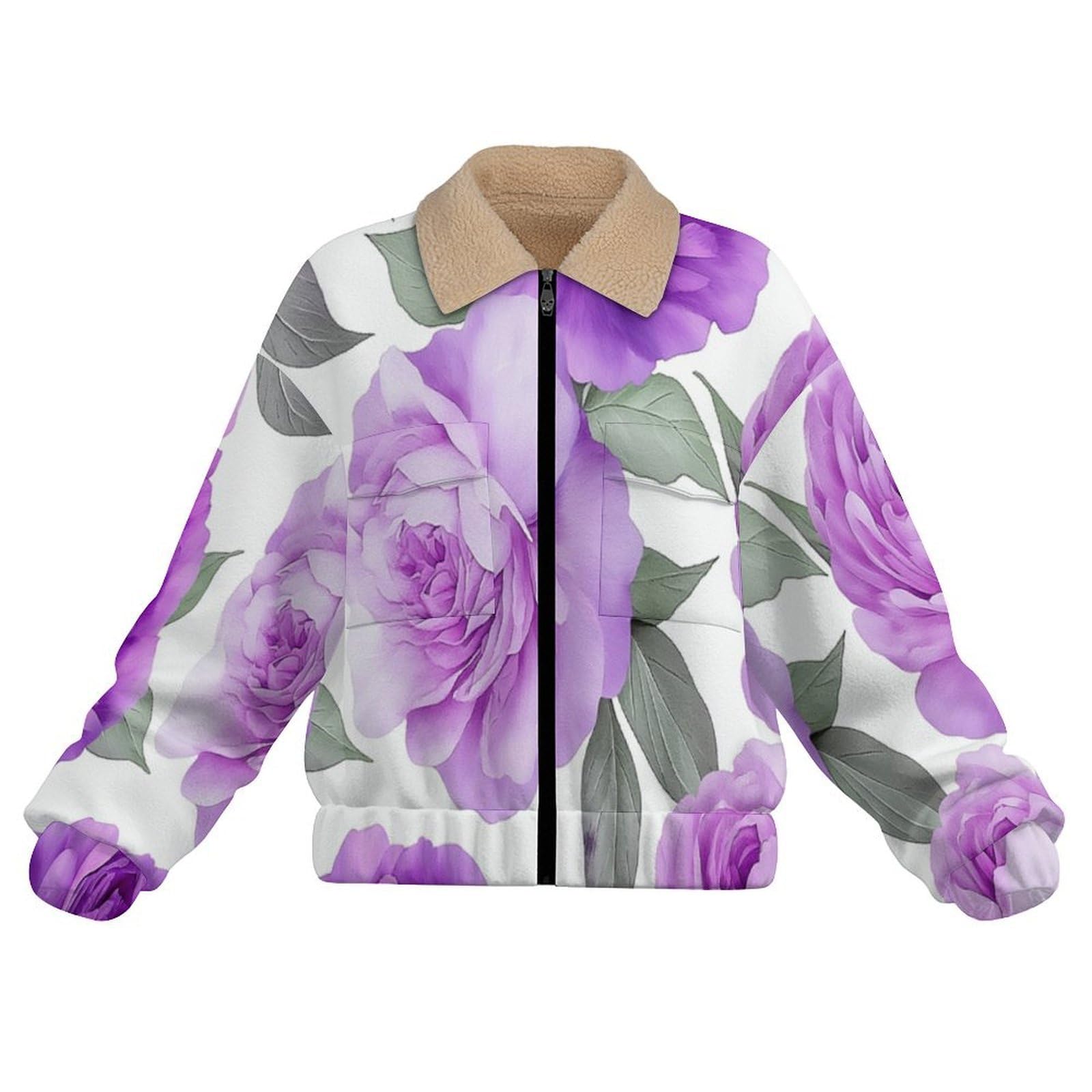 Giacca in Pile da Donna con Chiusura Lampo su Tutta la Lunghezza, Colletto Revers, Cappotto Peonia Rosa Calda Invernale con Tasche, per Escursioni e Tempo Libero