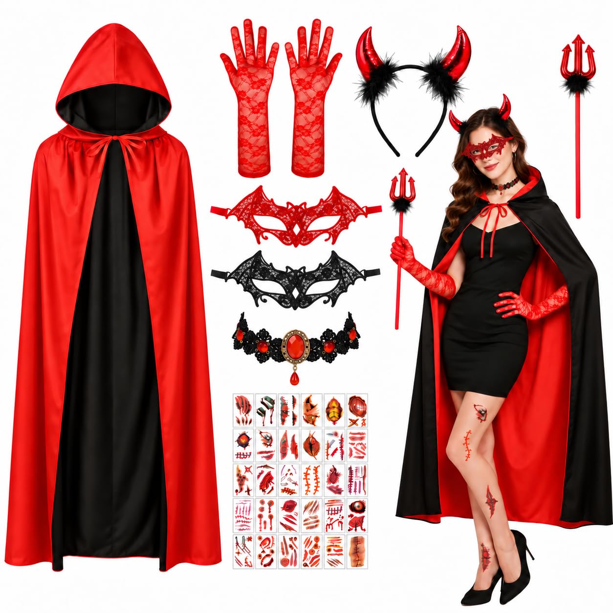 Disfraz Diablo Mujer de Halloween — Capa Roja Negro de Diablo con Accesorios