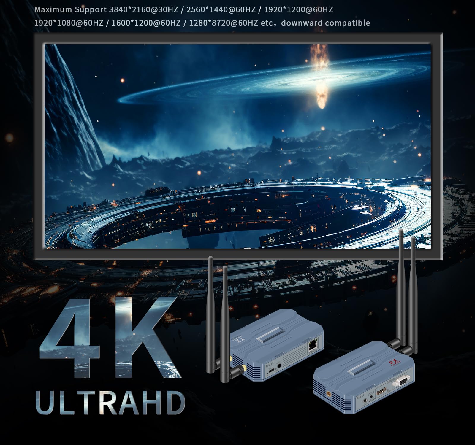 Kabelloser HDMI-Sender und -Empfänger | 4K 30HZ, HDMI Loop-Out, IR Extend, Dual Cooling Systems, 9 Kanäle