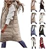 Long Puffer Vest Women 2024 Hooded Warm Padded Winter Coats Sleeveless Puffy Jackets Outerwear Vests with Pockets Beige