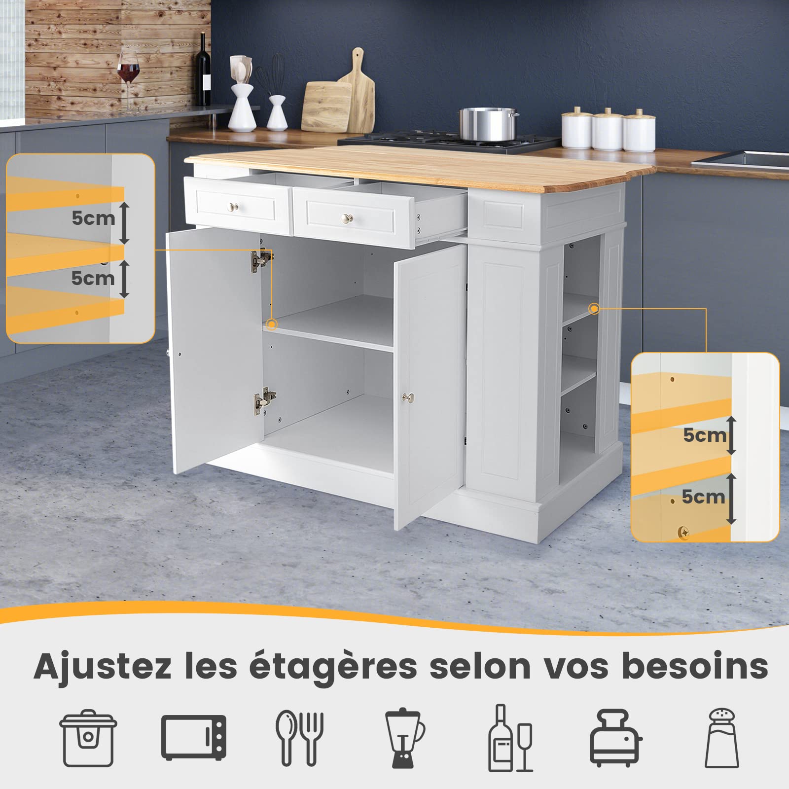COSTWAY Ilot Central Cuisine Plateau en Bois d'Hévéa Pliable, Étagères Réglables à 3 Niveaux, Desserte de Cuisine avec Tiroirs, Supports Latéraux et 2 Portes, 61 x 120 x 92 cm, Blanc