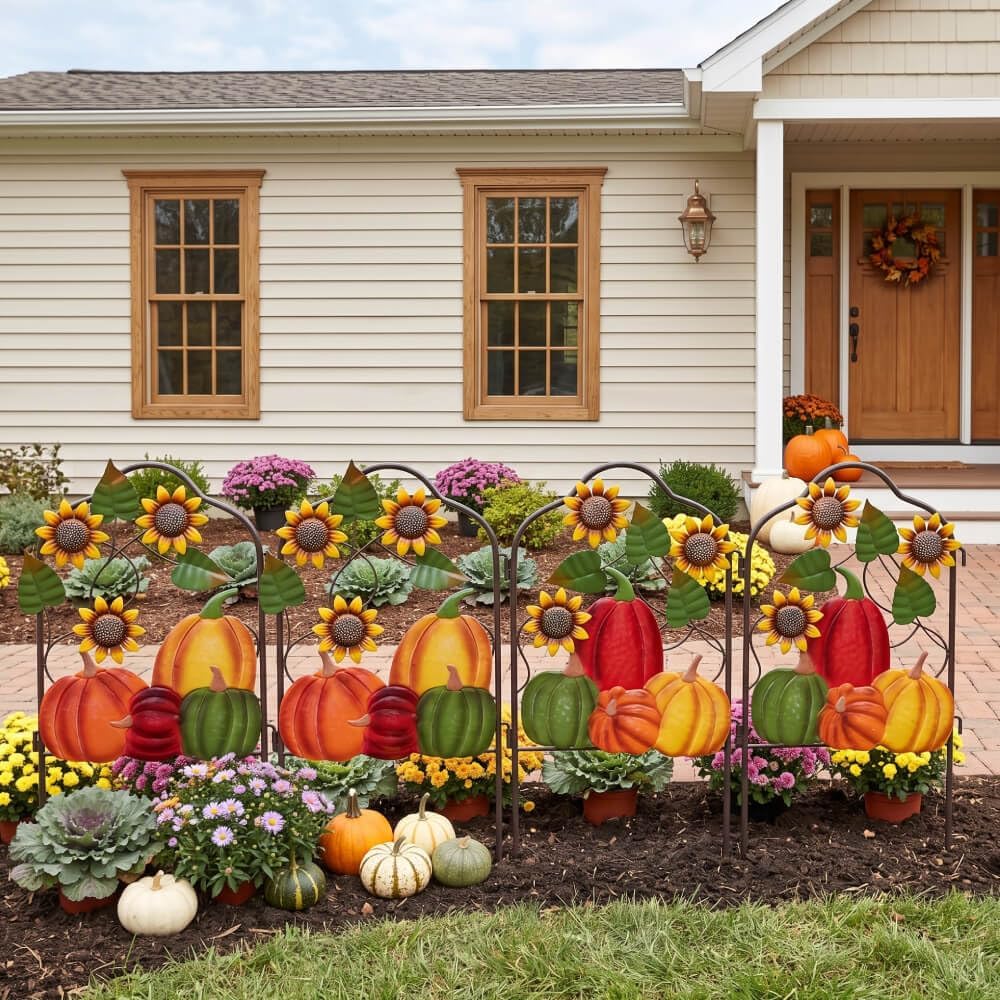 hogardeck Herbstdekorationen für Zuhause und draußen, Set mit 2 Metallzaun, dekorative Gartenpfähle mit Kürbis-Sonnenblume für Herbstdekoration, Metall-Hofschilder für Garten, Rasen, Terrasse