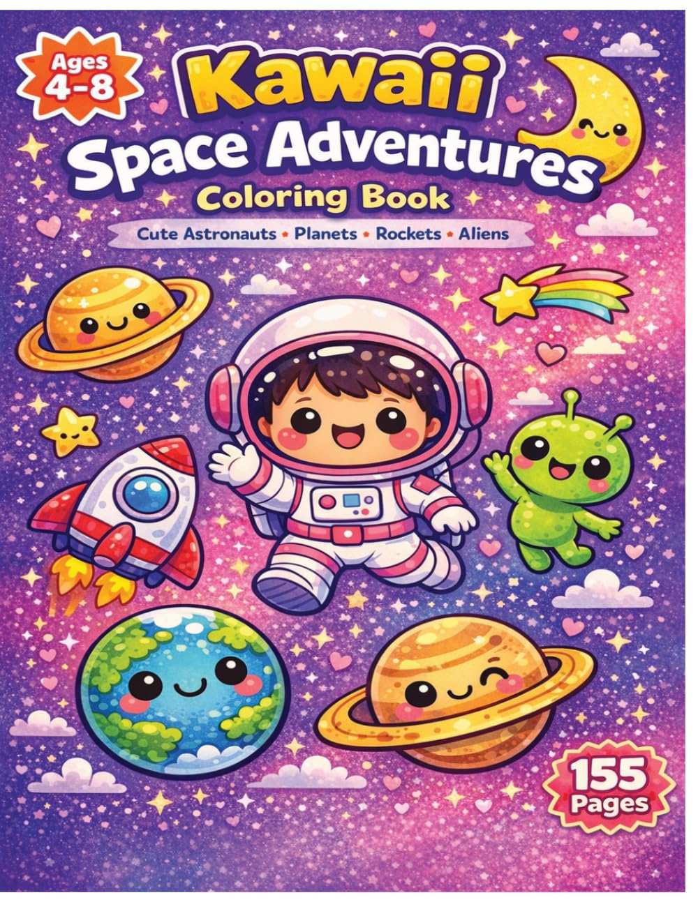 Kawaii Space Adventures Coloring Book: Cute Astronauts, Planets, Rockets & Aliens | Fun Outer Space Coloring Pages for Kids Ages 4–8