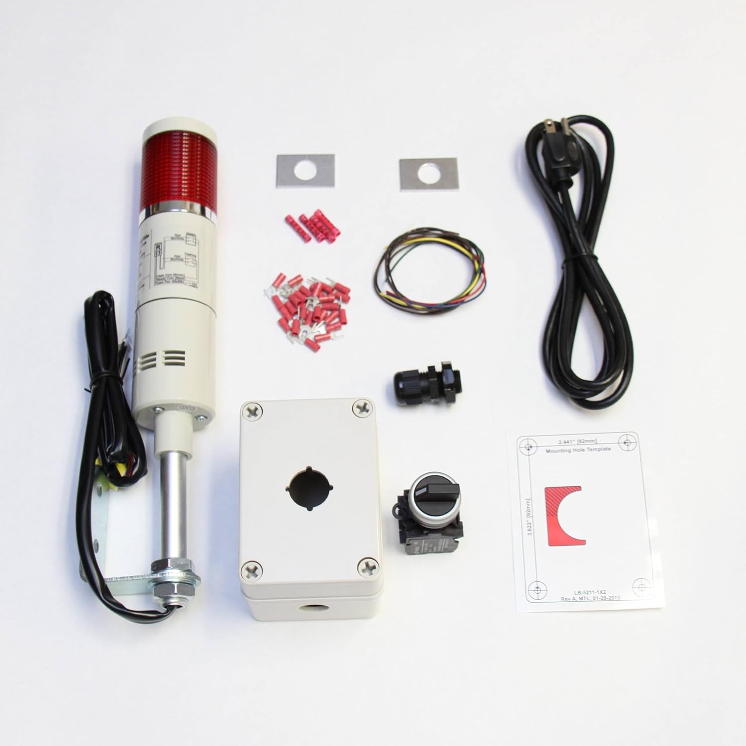 LED Andon LED Tower Light Station Kit, LED Andon Light Kit KT-5211-101, LED Stacklight Kit, Flashing Capable, 120V, Red, 2 Pos Off/Steady OR Off/Flashing