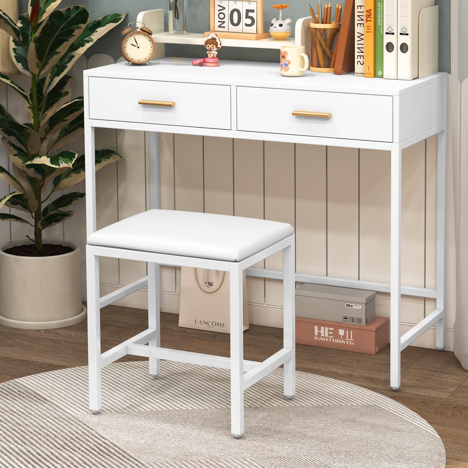 Sgabello da trucco bianco con cuscino, moderno sgabello cosmetico per camera da letto, sgabello imbottito Vanity, poggiapiedi per divano, sedia trucco