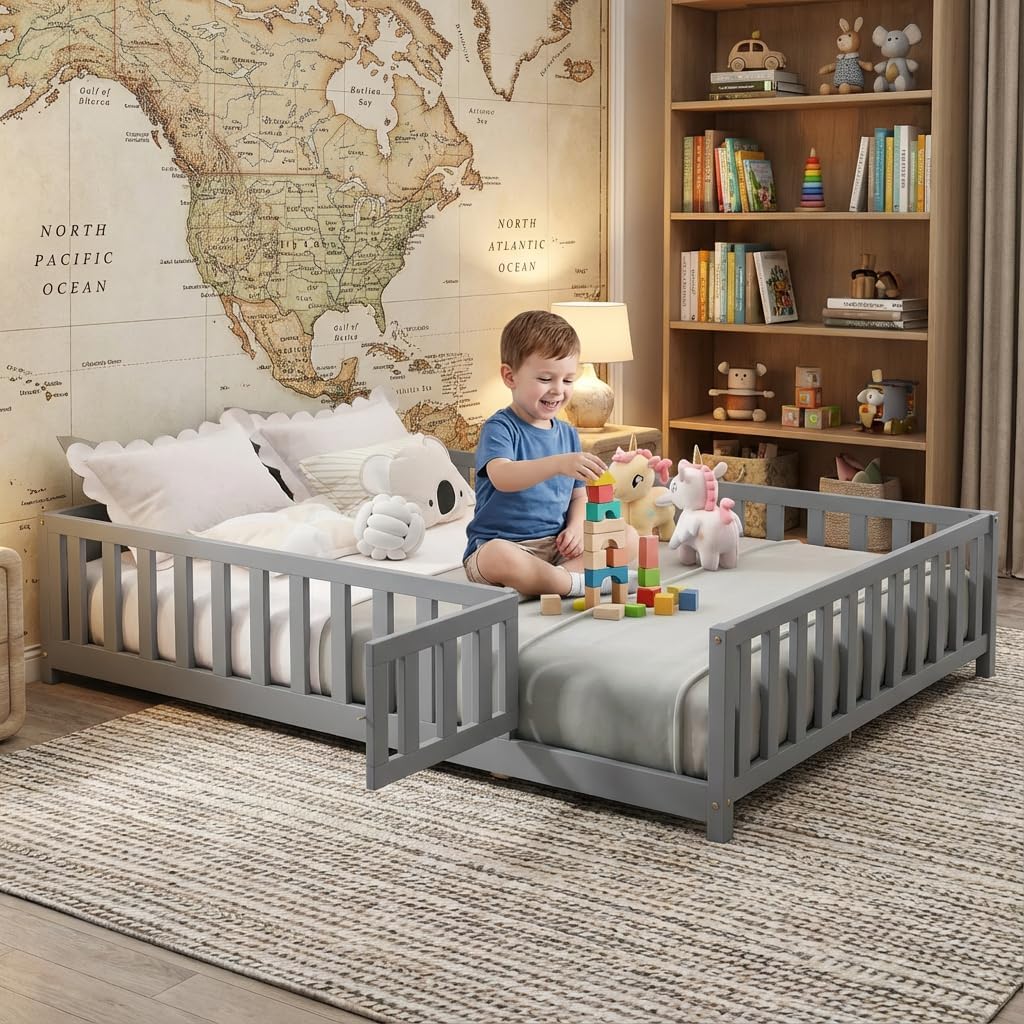 Full Size Floor Bed with Rails and Slats for Kids, Wooden Montessori Bed with Door and Safety Guardrails for Kids, Boys Girls, No Box Spring Needed, Grey