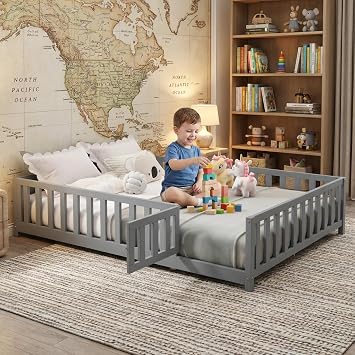 Full Size Floor Bed with Rails and Slats for Kids, Wooden Montessori Bed with Door and Safety Guardrails for Kids, Boys Girls, No Box Spring Needed, Grey