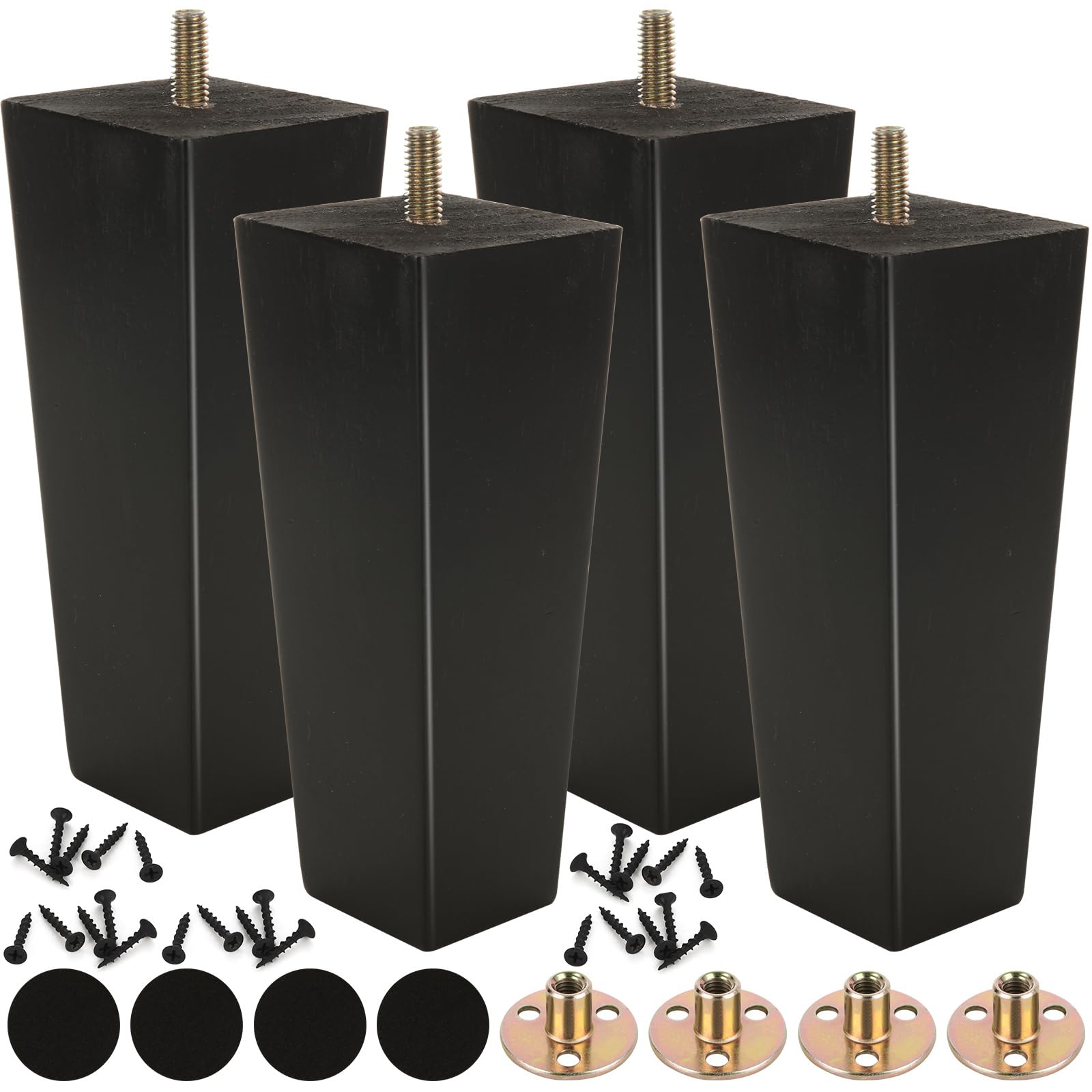 VIDETOL Black Wooden Furniture Legs Set of 4, 6 inch / 15 cm Square Sofa Legs