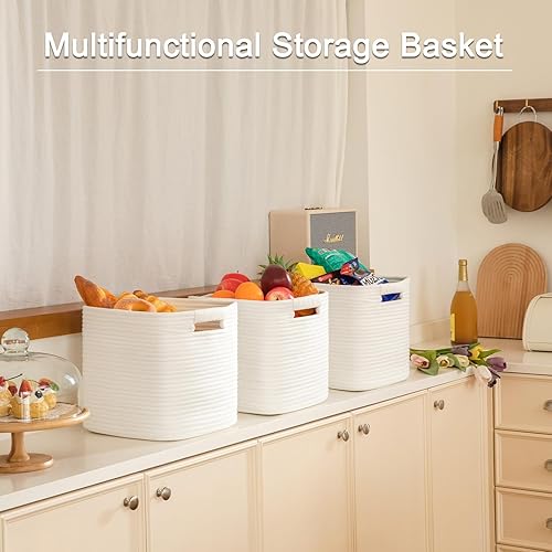 Miniatura 6 de OIAHOMY Cubos de almacenamiento de 11 pulgadas, paquete de 3, cestas tejidas de cuerda de algodón para organizar, cestas de almacenamiento cuadradas