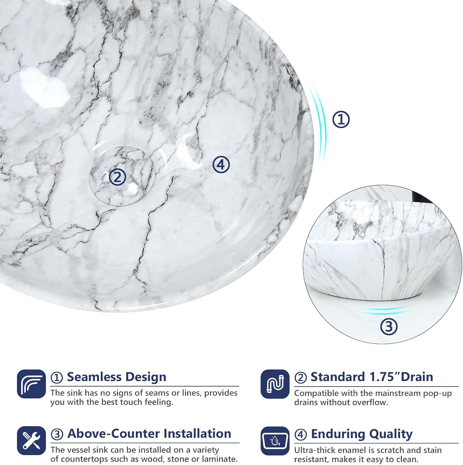 Davivy 16.3"x13.2" Nordic Marbling Oval Vessel Sink with Pop Up Drain,Ceramic White Bathroom Sinks Above Counter,Small Egg Shape Vessel Sink,Oval Sink Bowls for Bathroom