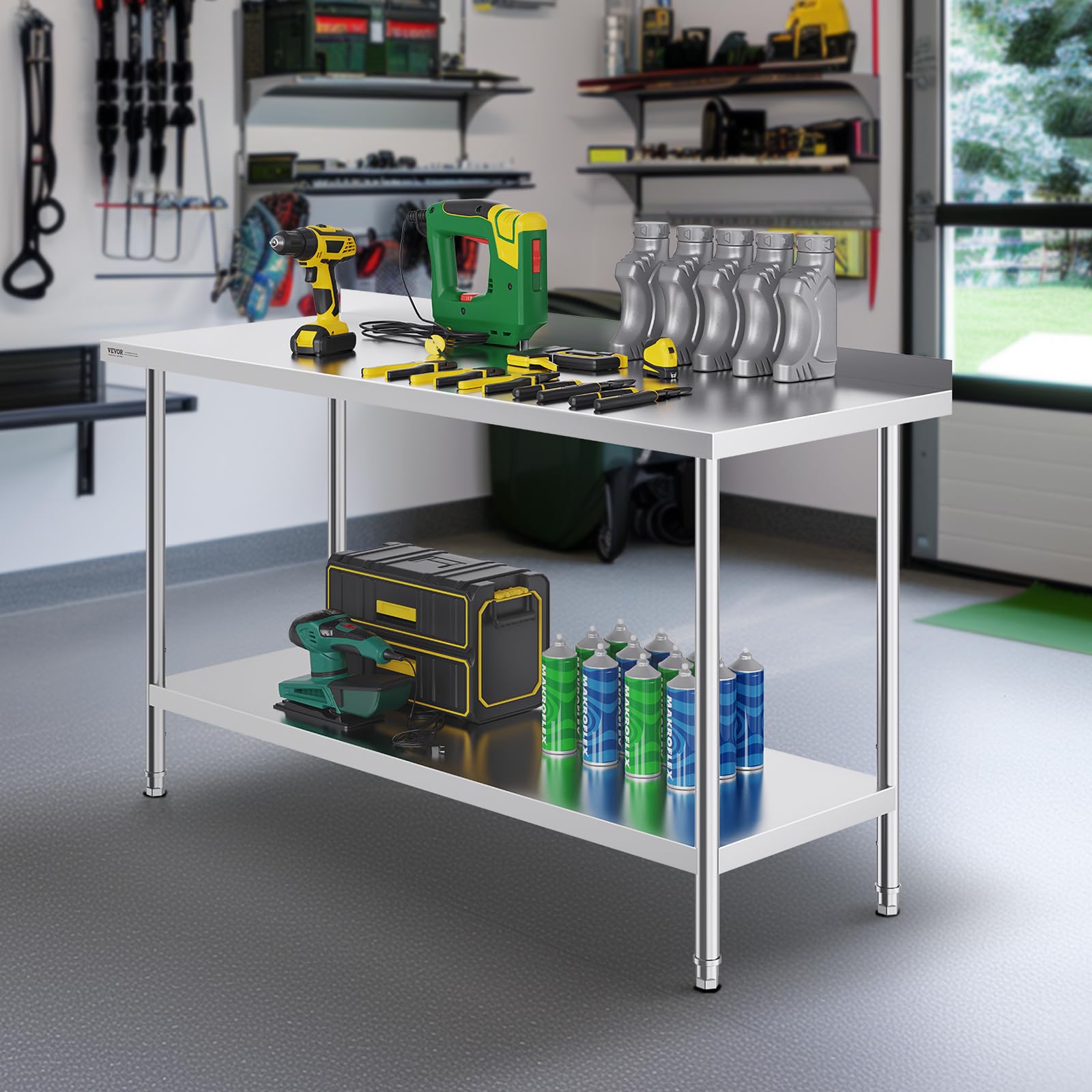 VEVOR Table de Travail en Acier Inoxydable 61x152,4x91,4 cm, Table de Préparation des Aliments Durable, Hauteur Réglable, Meuble de Rangement des Aliments, pour Cuisine Restaurant Bar Hôtel Maison