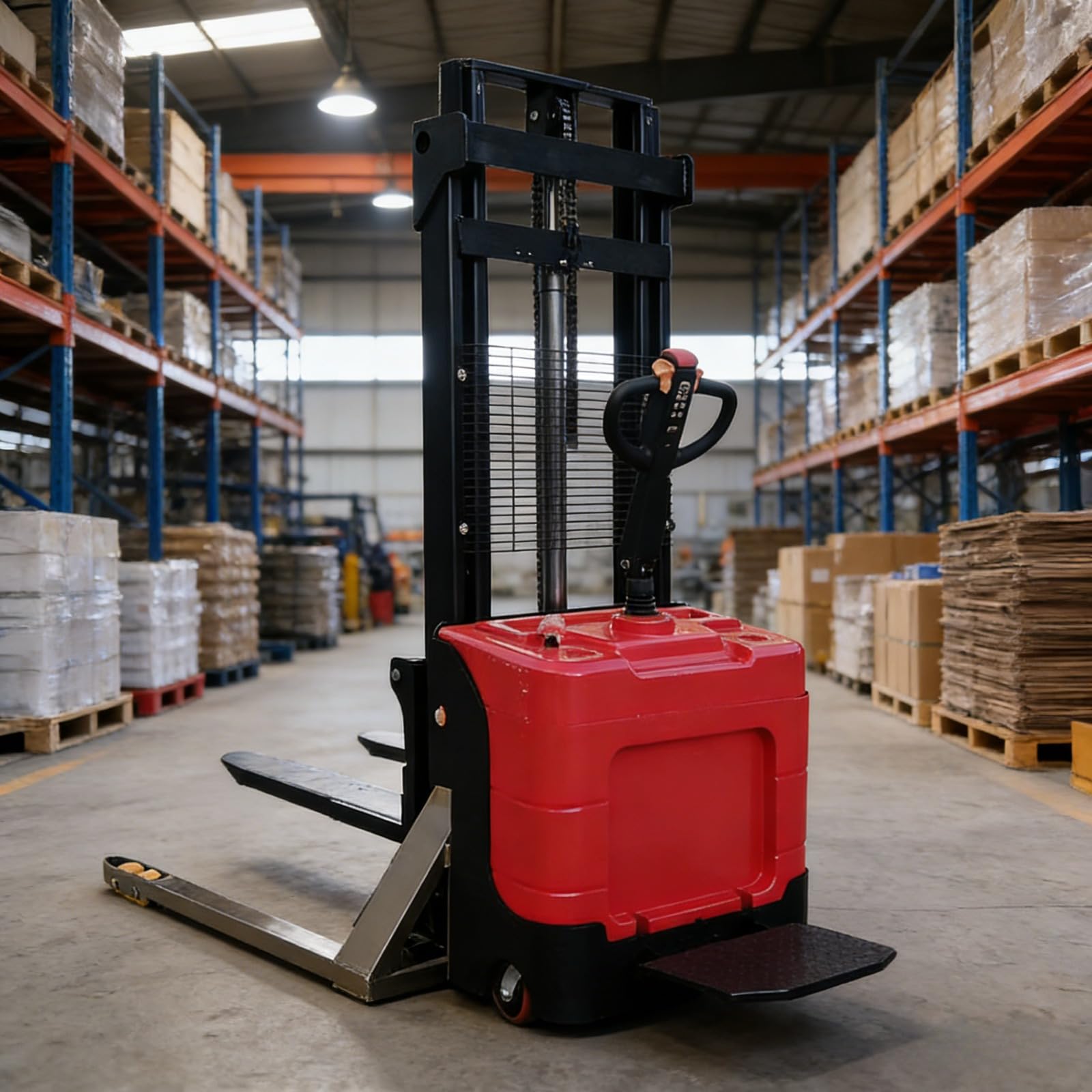 Martinetto per movimentazione pallet per corridoio stretto per logistica di magazzino, attrezzature di sollevamento di carichi industriali con base stabile, strumento di impilamento per officina per