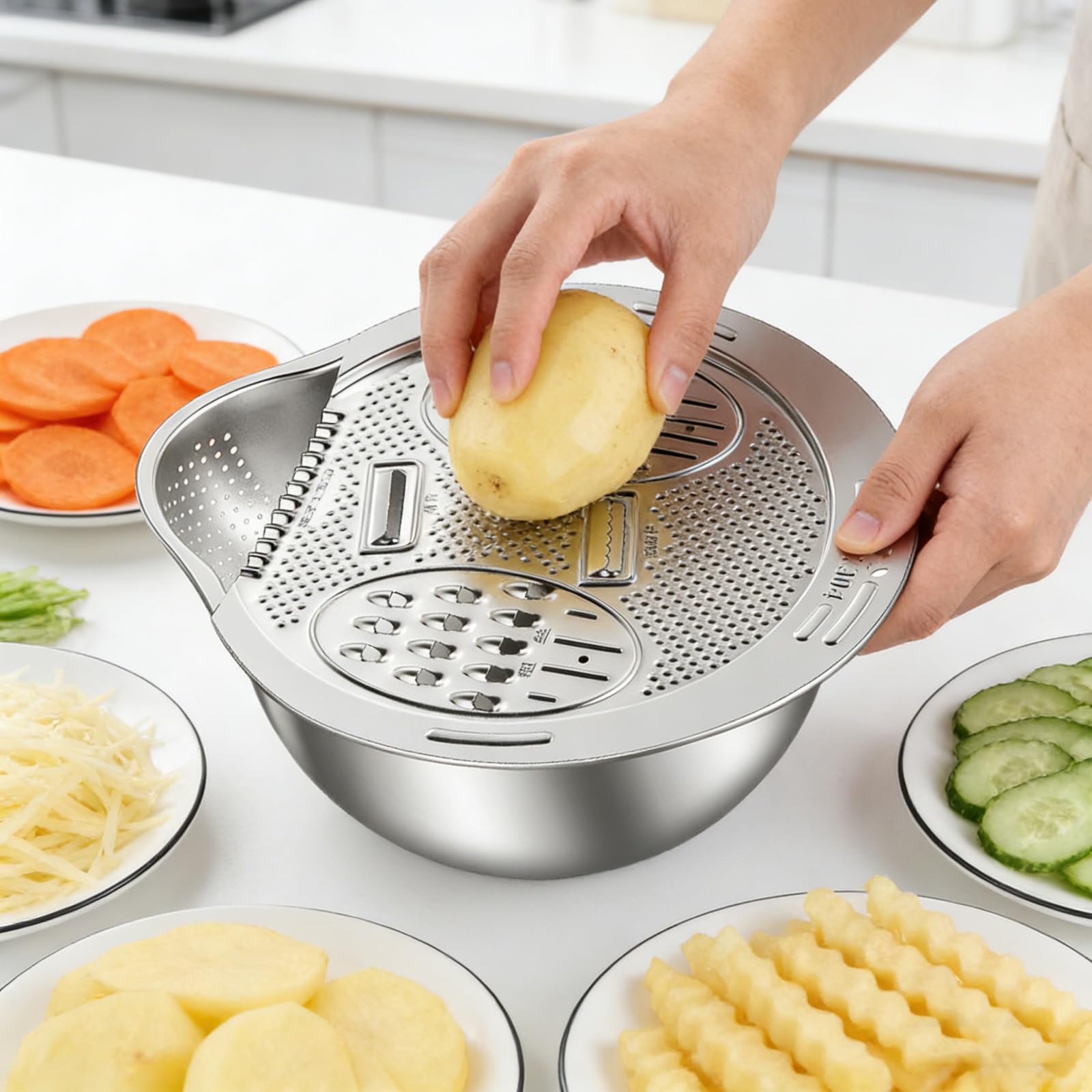 Modern Homes Kitchen Tool - Lavadora de arroz, colador de acero con rallador para drenar agua, cortar y rebanar, triturar arroz