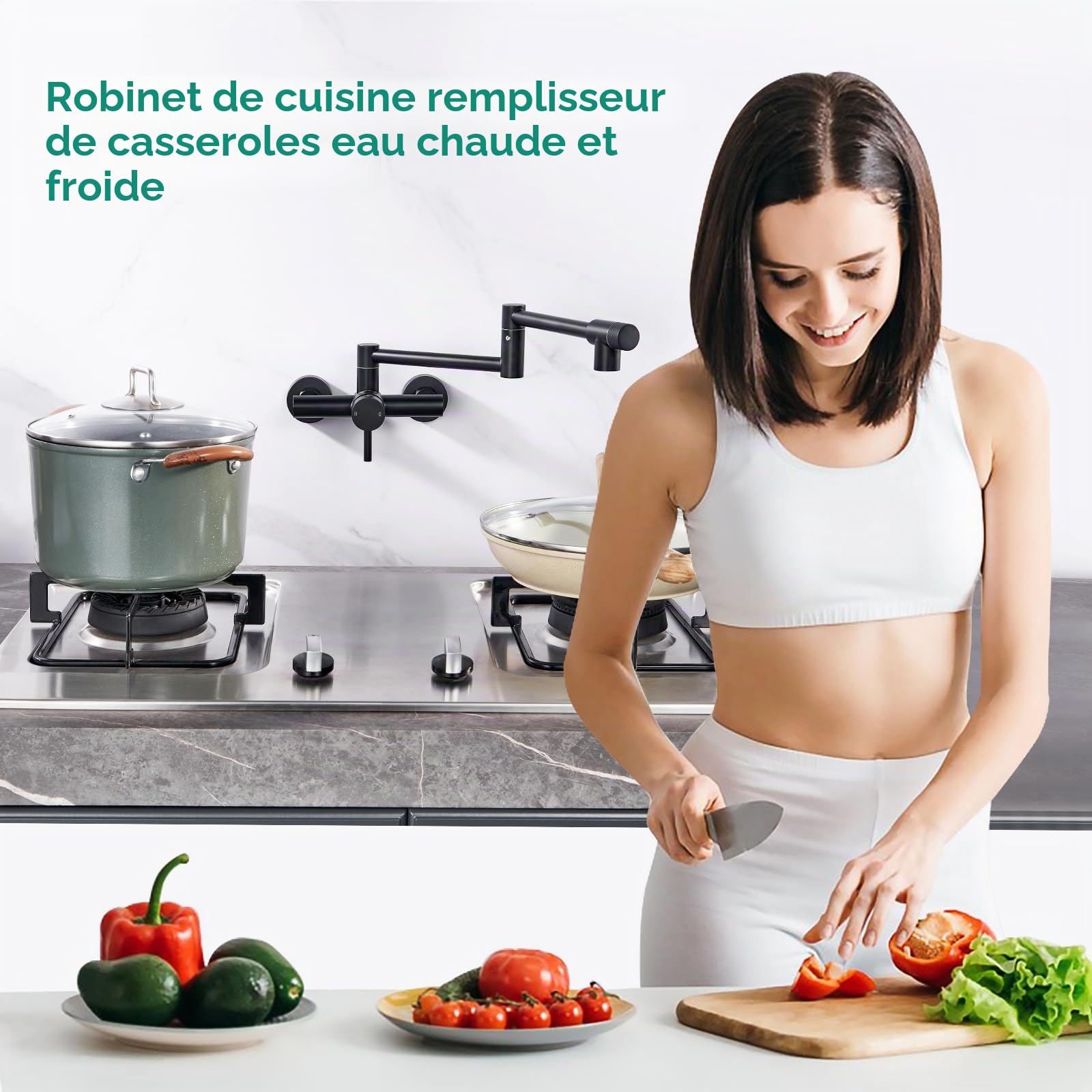CREA Robinet Mural Robinet de Cuisine, Mitigeur Evier 2 Jets d'eau,Pivotant à 360° pour Évier de Cuisine Double Poignée, Eau Chaude et Froide,Aérateur Démontable,Noir Mat