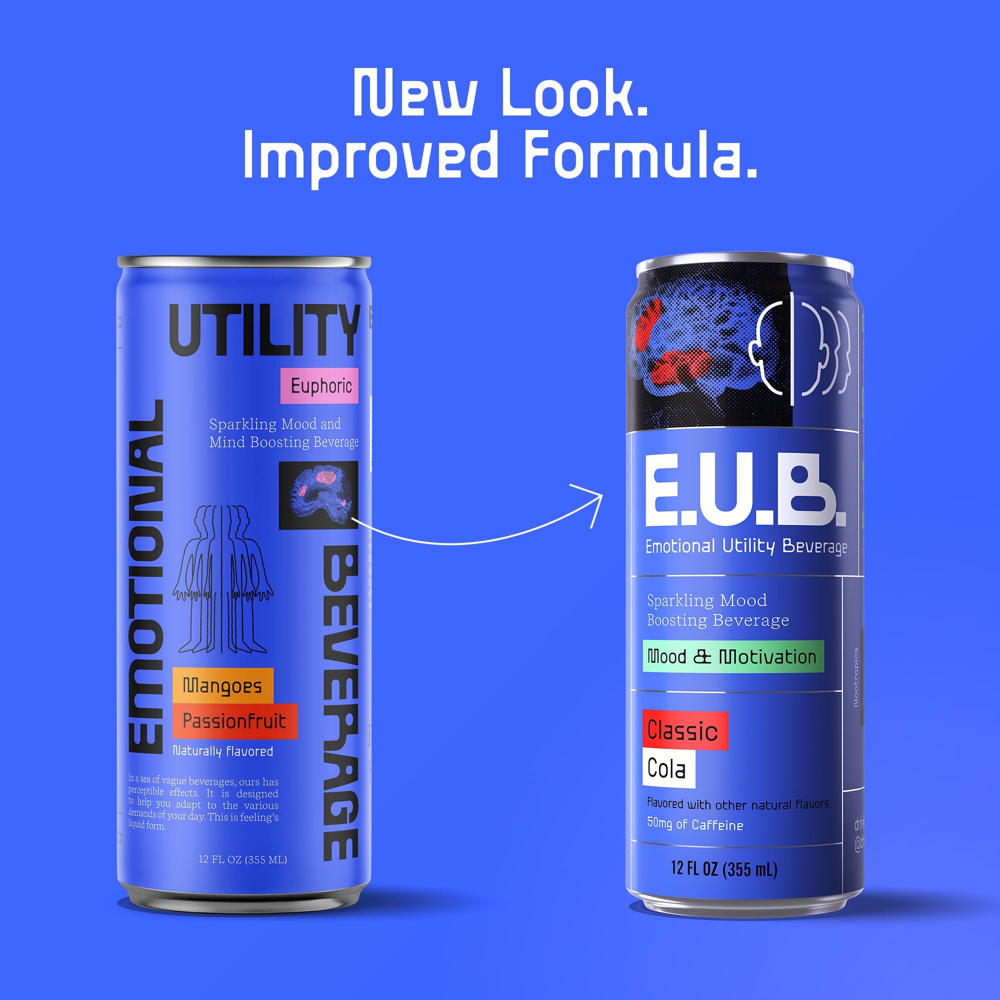 E.U.B. Classic Cola Sparkling Functional Beverage, 12oz Can, 50mg Caffeine, 25 Calories, with Nootropics & Adaptogens for Mood & Energy Support