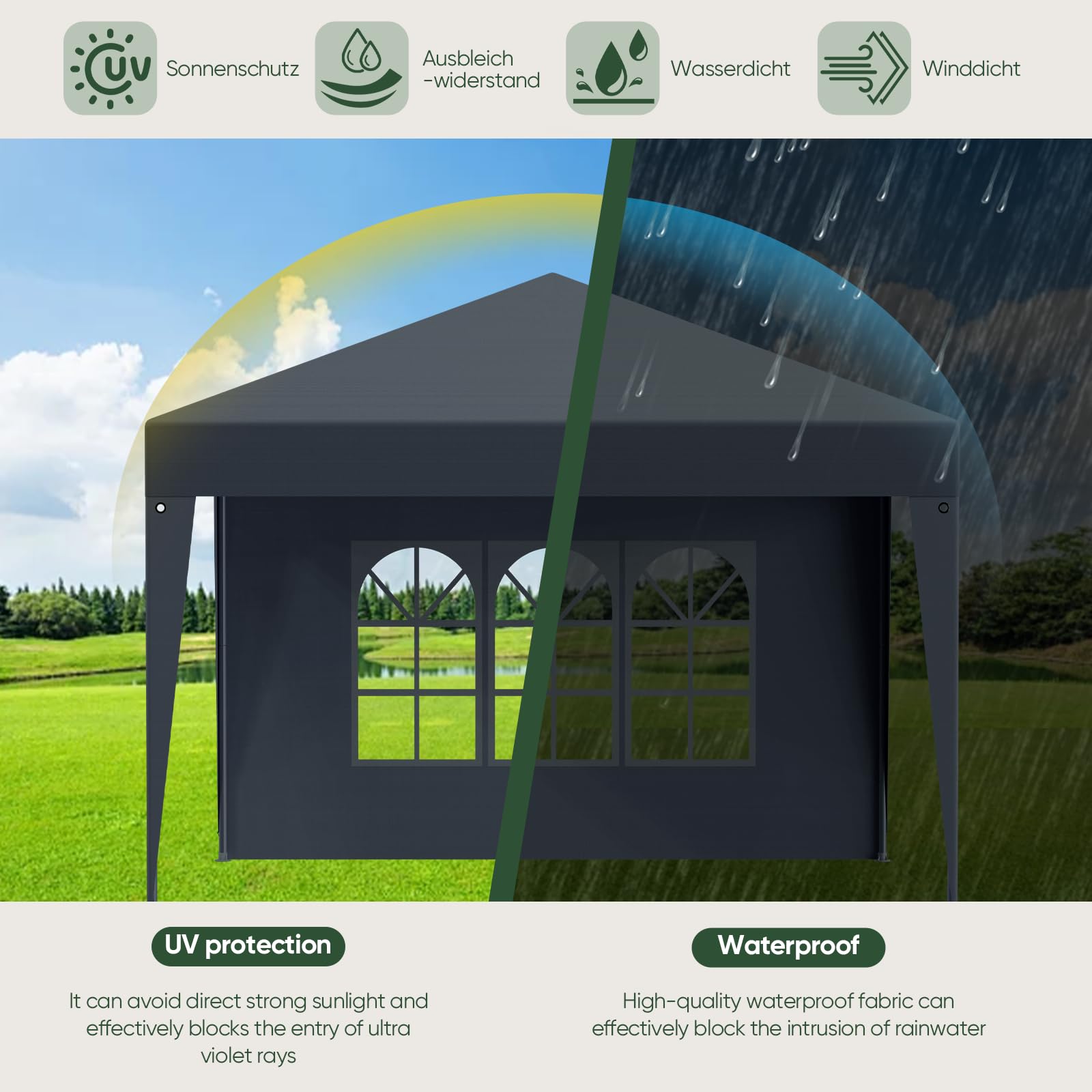 arvioo Paviljoen, 3 x 3 m, met 4 zijwanden, je schaduwplek om te feesten, pop-up vouwpaviljoen, waterdichte zonwering, 3-voudig in hoogte verstelbaar, partytent, metalen frame en 210D Oxford-weefsel