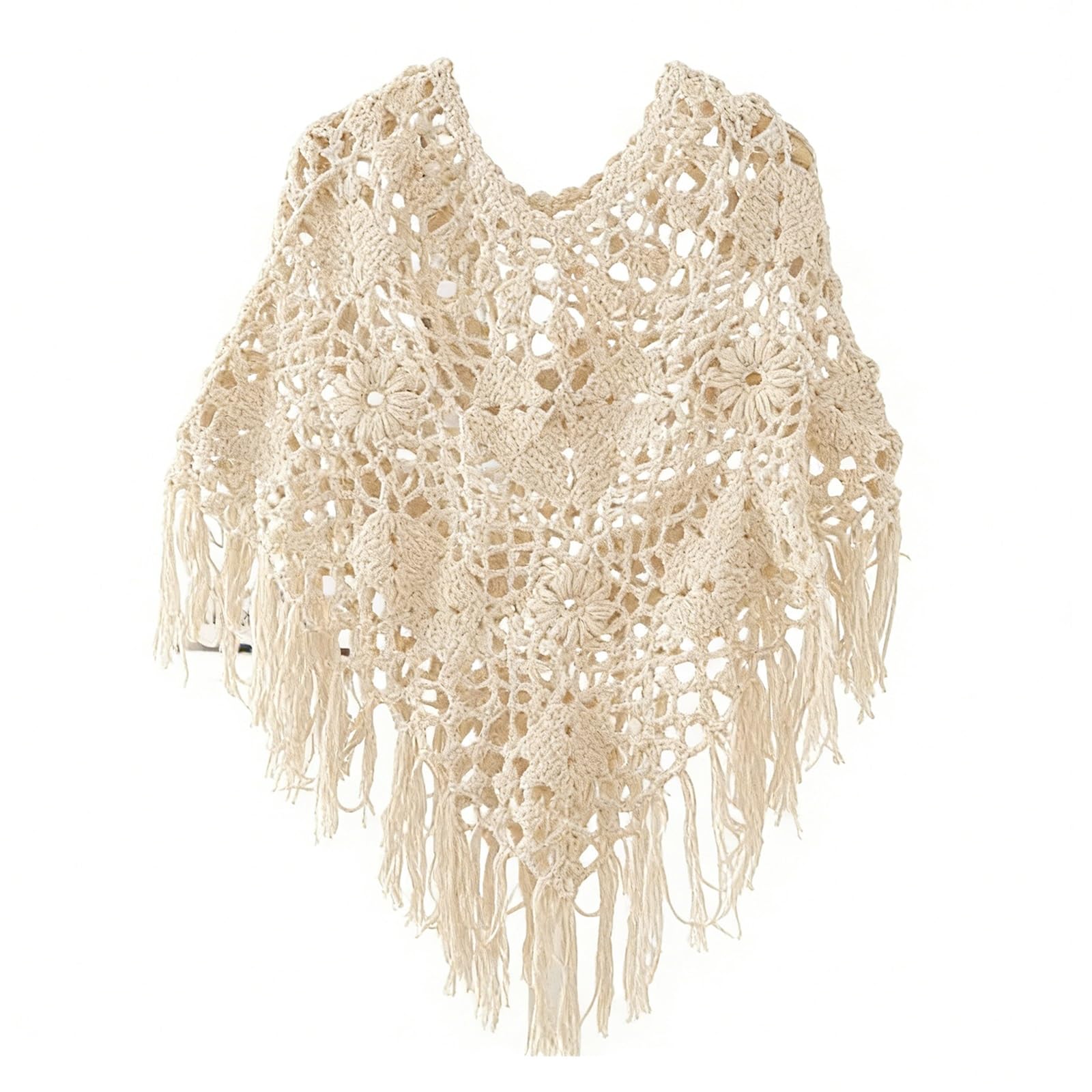 Genérico Poncho Y Capa De Punto Y Ganchillo Para Mujer Diseño Floral Con Flecos, Estilo Boho Y Casual Cubrebaños Chal Envolvente