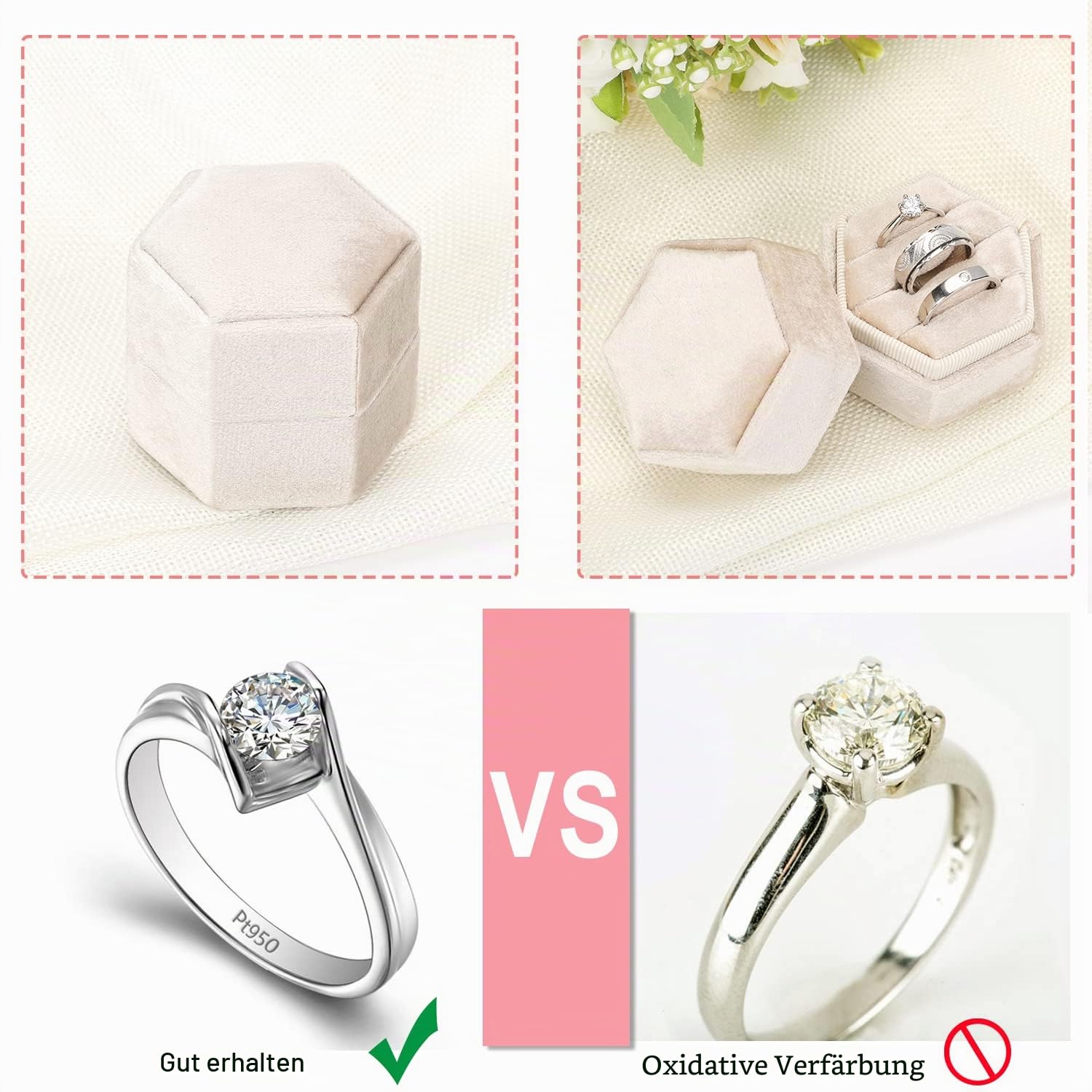 WantGor Samt Schmuck Ring Box, 3 Slots Sechseck Ring Geschenk Box Vintage Ring Display Holder Case für Hochzeit Zeremonie Vorschlag Engagement (Beige)