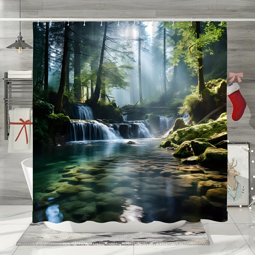 Cortina de Ducha con diseño de río Sereno, Bosque y luz Solar para la decoración del baño, Incluye Ganchos (300 x 200 cm / 118 x 79 Pulgadas (Ancho x Alto)).
