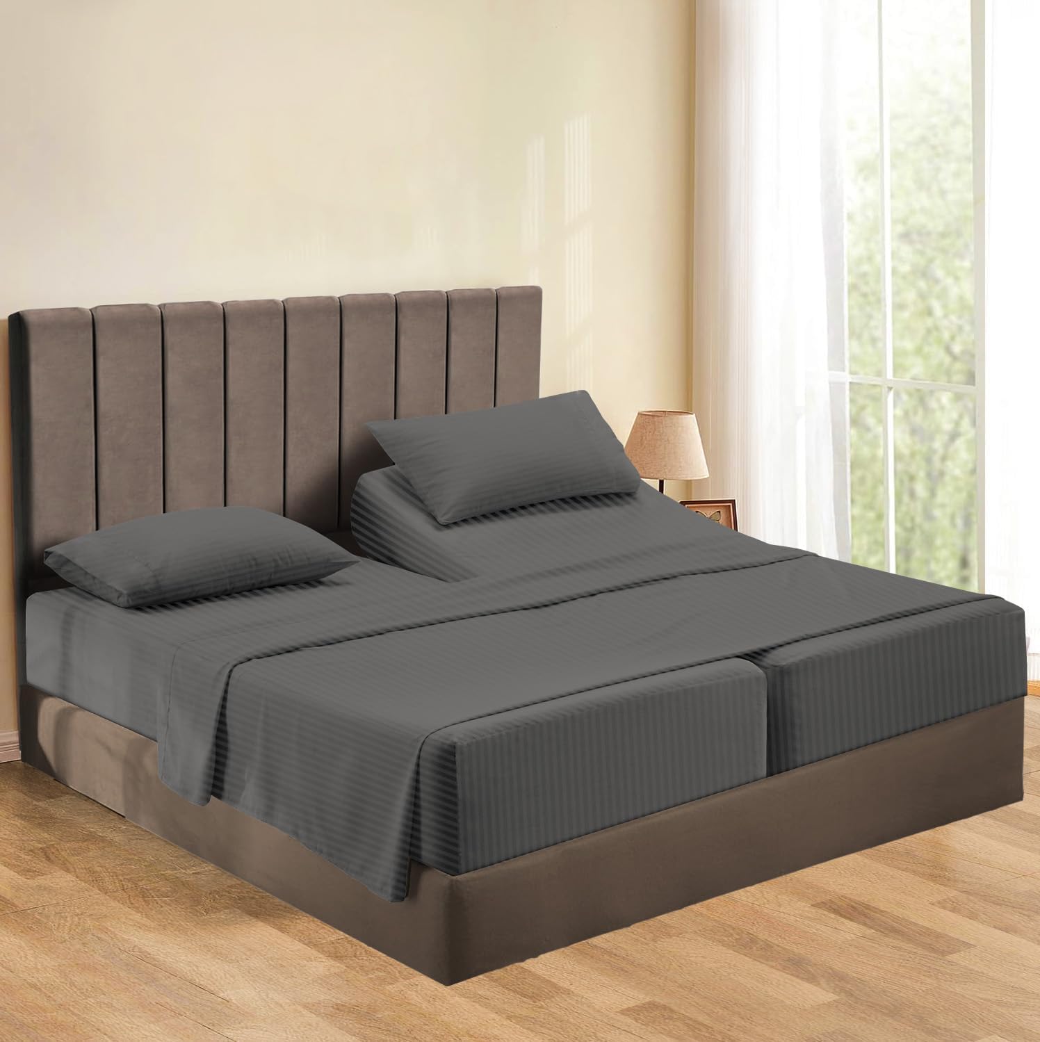 Split Queen 5 Piece Sheet Set for Adjustable Bed - Percale Weave 100% Cotton, Breathable Luxury Sheets Fits 7-9" Deep Pocket (Stripe, Silver Grey)