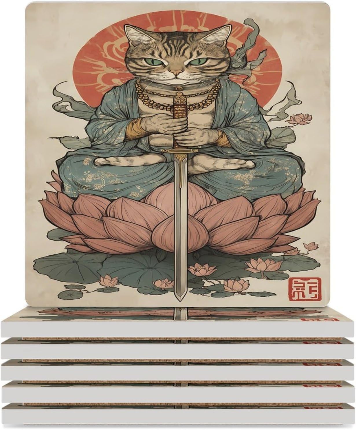 Vintage Japanese Samuraiscat Ceramic Coasters Square Drinks Coaster Coffee Table Decor Table Coaster for Home Bar