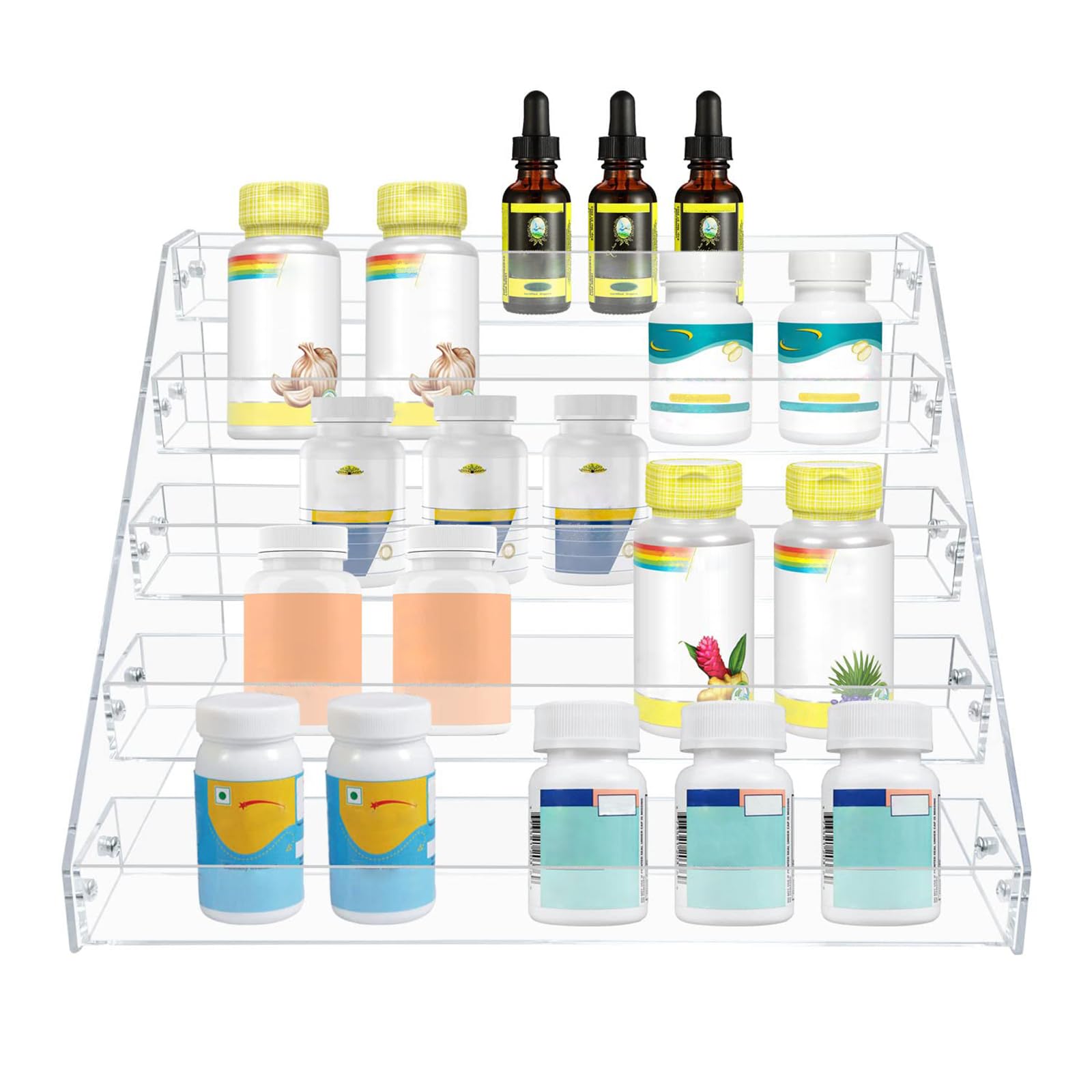 PMMASTO Estante escalonado para especias, organizador de condimentos, estantes verticales de acrílico transparente para encimera, armario, despensa, organización y almacenamiento de cocina, 5 niveles