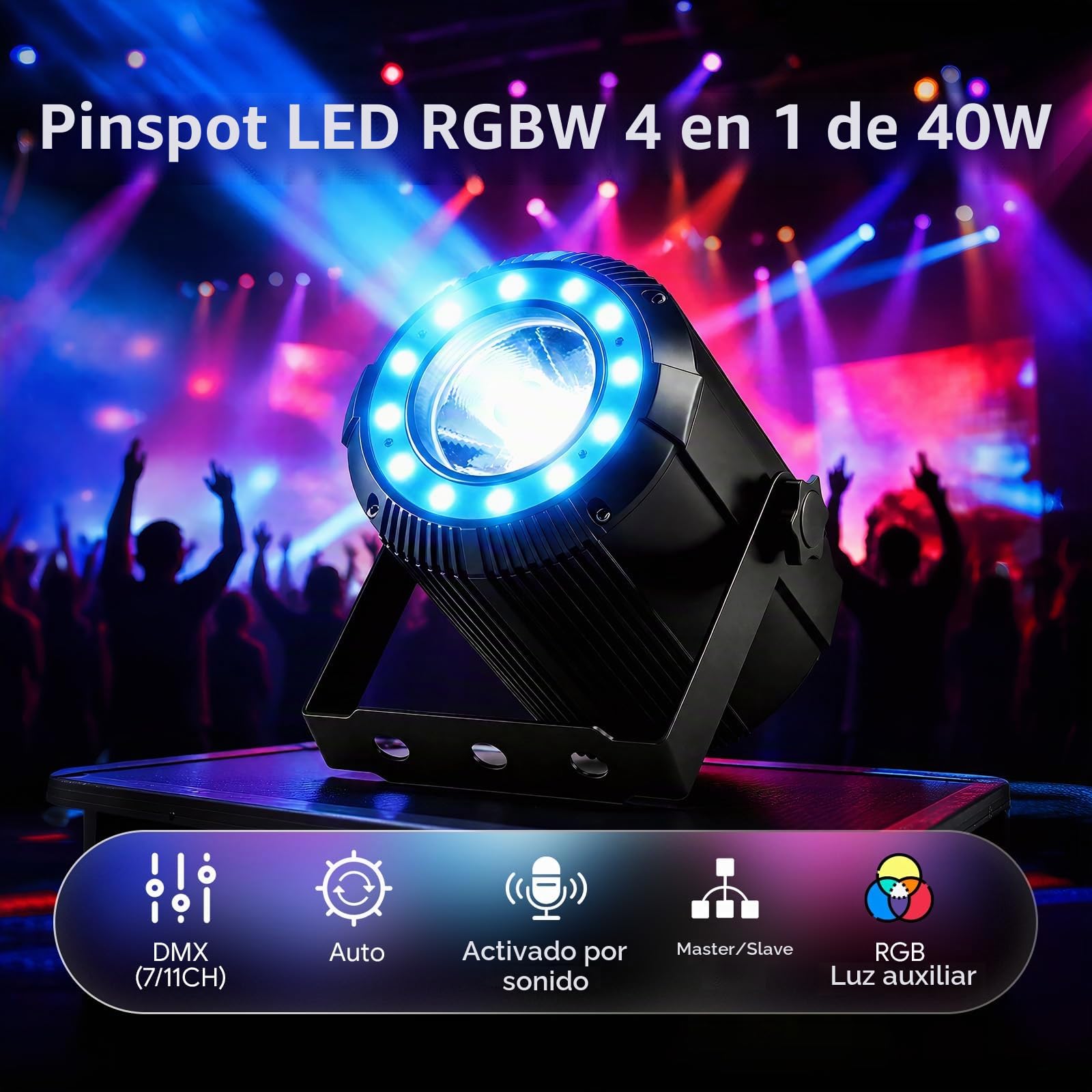 40W RGBW 4 en 1 LED Pinspot + 24 SMD RGB Luces de Escenario LED Par DMX Luces DJ 7/11CH Luz de Fiesta Foco para Bar, Fiesta, Boda, Discoteca, Teatro, Halloween