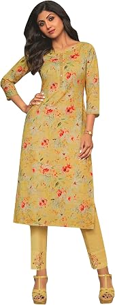 ladyline Womens Linen Cotton Floral Printed Kurta with Pants Embroidered Set