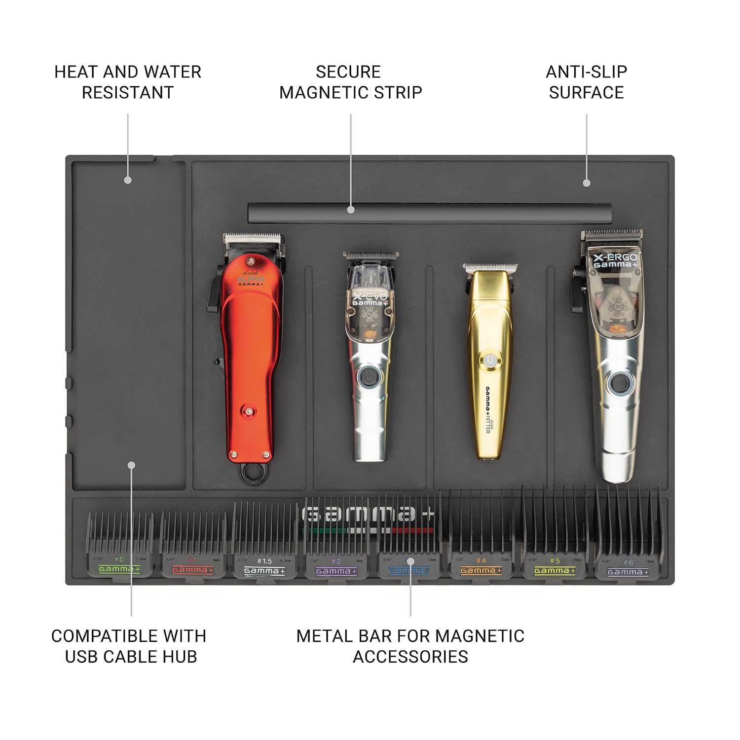 GAMMA+ Barber Magnetic Mat and Station Organizer for Hair Clippers and Trimmers 4 Slot AntiI-slip Surface, Heat and Water-Resistant - Image 2