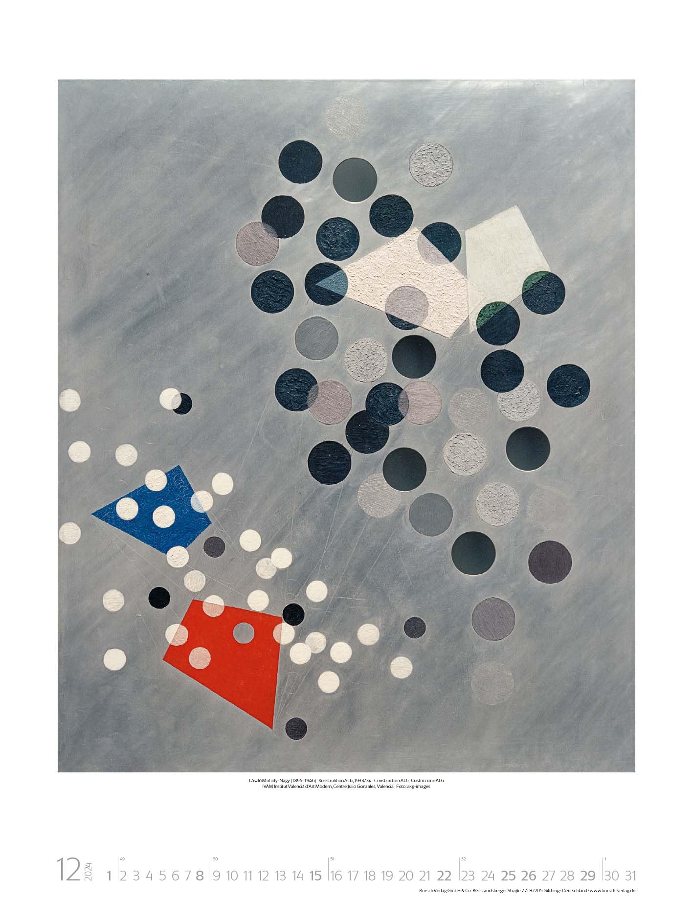 Bauhaus 2024 - Calendario de pared grande de alta calidad con obras maestras del estilo Bauhaus. Formato de la galería de arte: 48 x 64 cm.