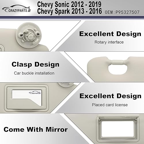 Miniatura 3 de Reemplazo del parasol del lado derecho del pasajero compatible con Chevy Sonic 2012-2019 Spark 2013-2016 Número de repuesto P95327507 Color Gris