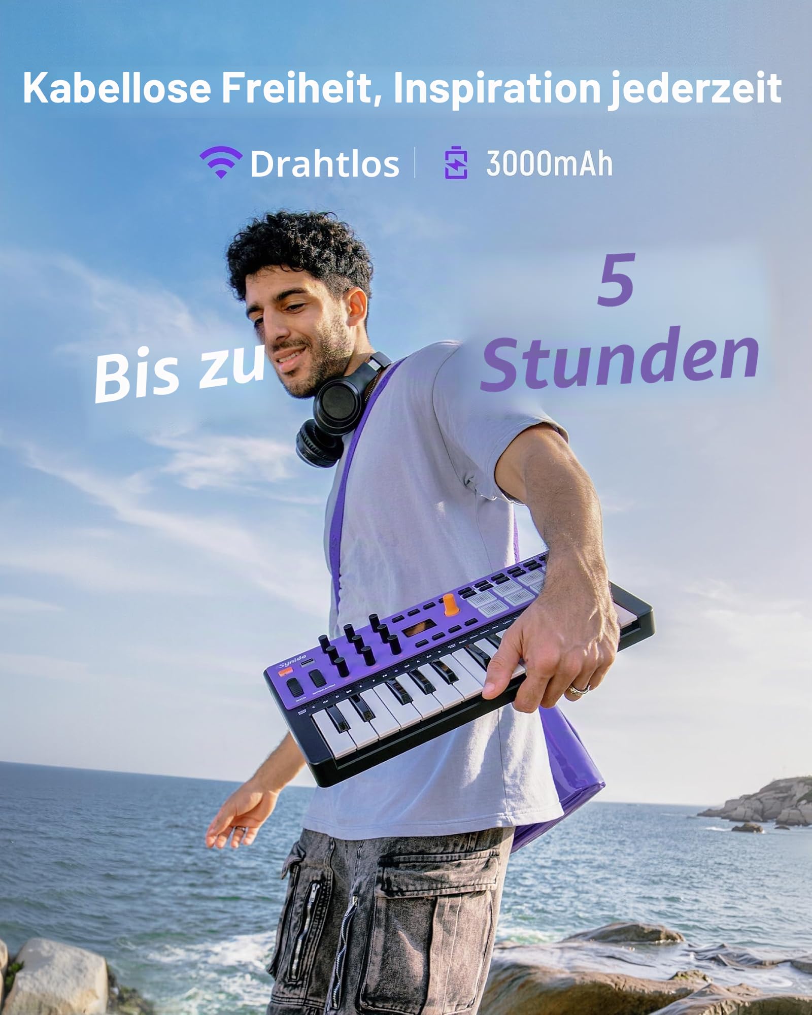 Synido Kabelloses 25-Tasten USB MIDI Keyboard Controller Wiederaufladbar mit 8 Drum Pads, OLED-Bildschirm, MIDI In/Out/Thru, Professionelle BT Beat Maker Maschine für Musikproduktion, TempoKEY W25