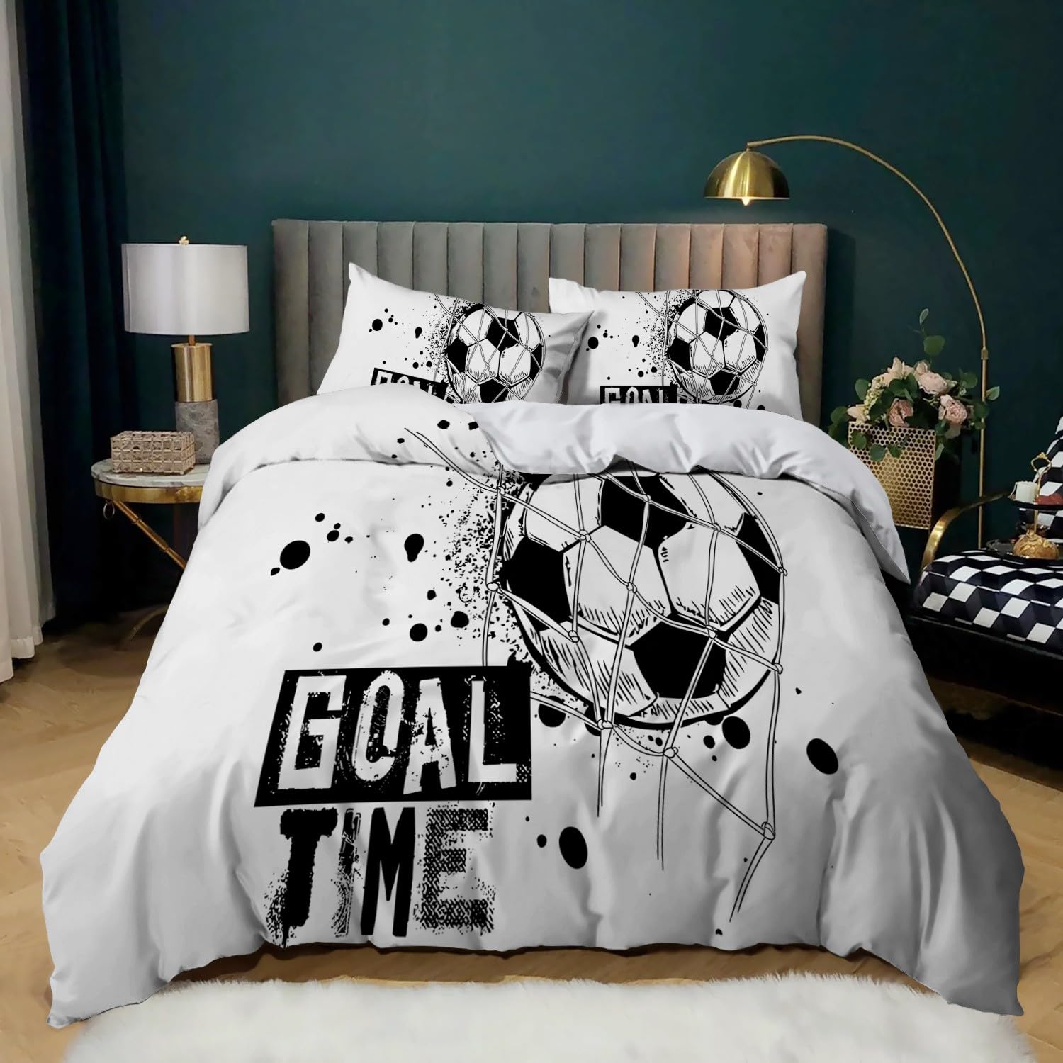 Housse de couette 200x200 football avec 2 taies d'oreiller pour lit 2 personnes