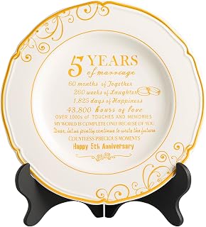 Anniversary Wedding Plate, Anniversary Wedding Gifts for Couple, Decorations Gift for Wife Husband, Ceramic with Stand (5th Plate)