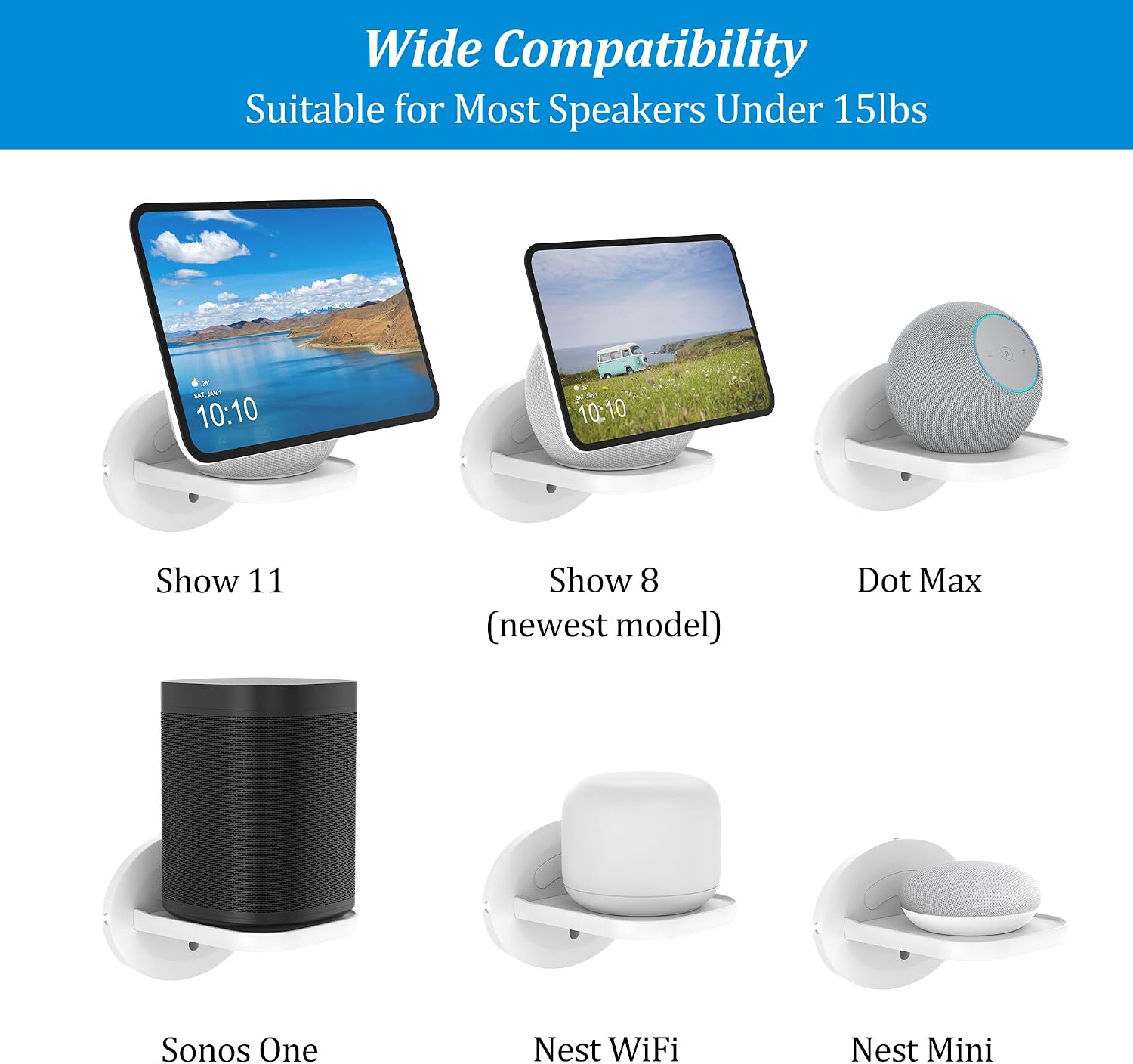 PlusAcc Wall Mount for Show 8 (2025 Release) & Show 11 & Nest WiFi - Space Saving Wall Holder Shelf Hanger for Speakers Less Than 15 lbs, Built-in Cable Management (White)