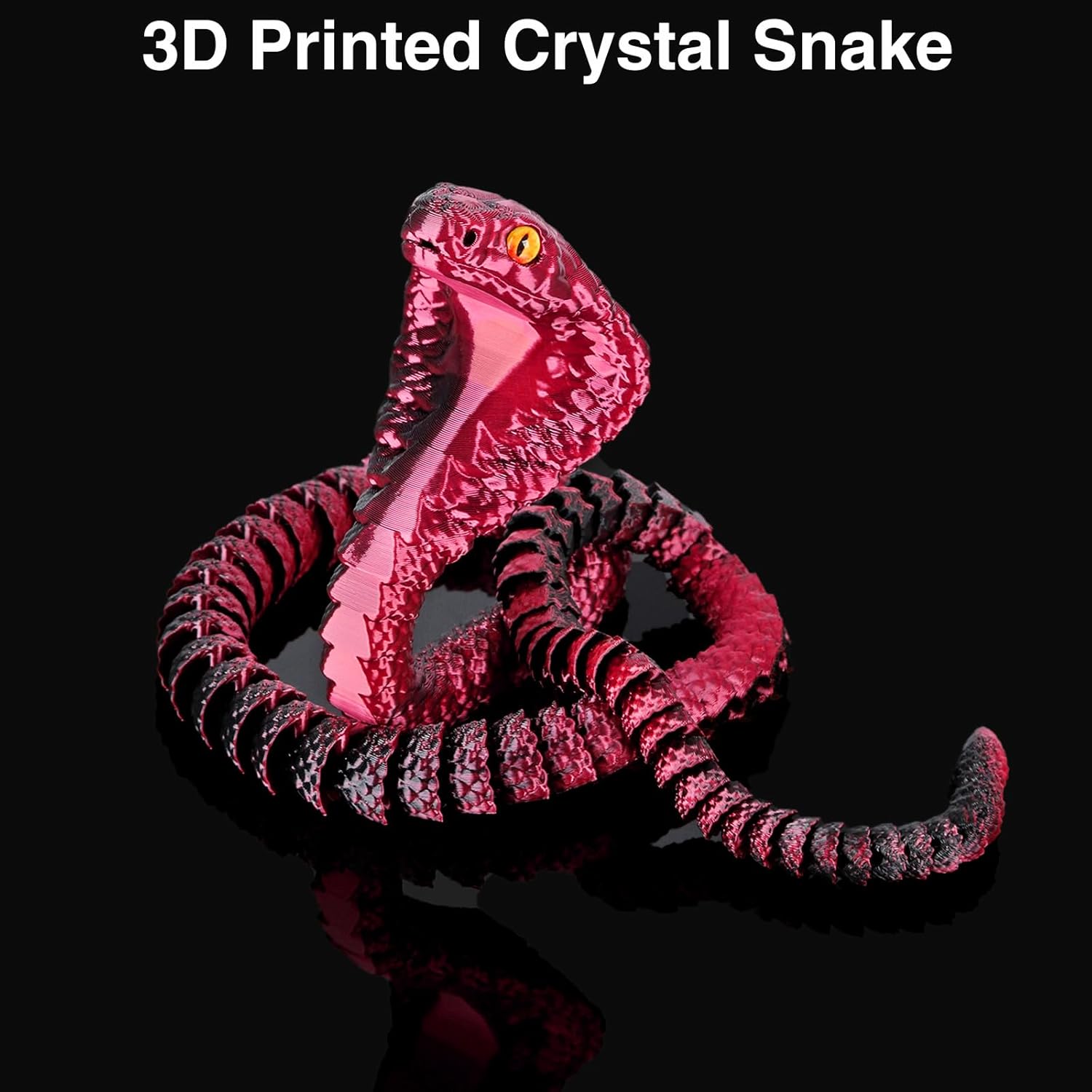 3D Printed Snake,23 Inch 3D Printed Animals,3D Printed Fidget Toys,Home Office Decor Executive Desk Crystal Cobra Toys Black Red