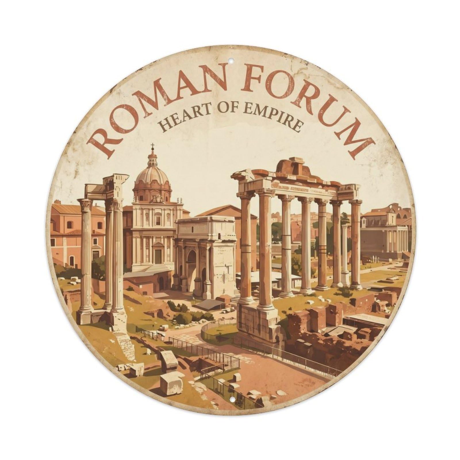 Vintage Travel Forum Rome Ruins Metal Tin Sign Plaque Wall Decor for Cafe, Club Bar, Office, Home Garden Round Metal Poster 8x8Inch