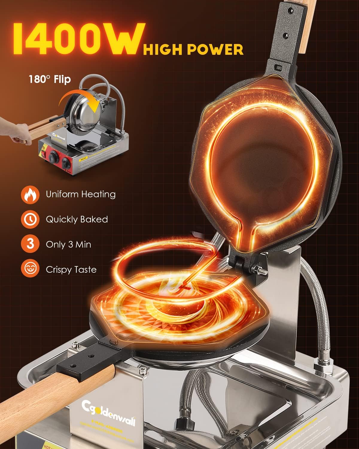 Piastra per Bubble Waffle in Stile Hong Kong CGOLDENWALL Teflon Antiaderente Piastra da Forno Intercambiabile con Rotazione di 180°丨Macchina per Waffle Elettrica 0-300℃ 1500W - Include Ricette
