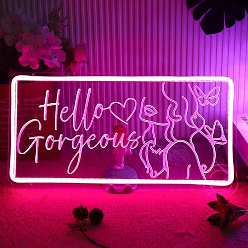 Miniatura 4 de Britrio Letrero de neón con texto en inglés Hello Gorgeous para decoración de pared, luz de neón LED rosa, corazón, mariposa, arte de pared para
