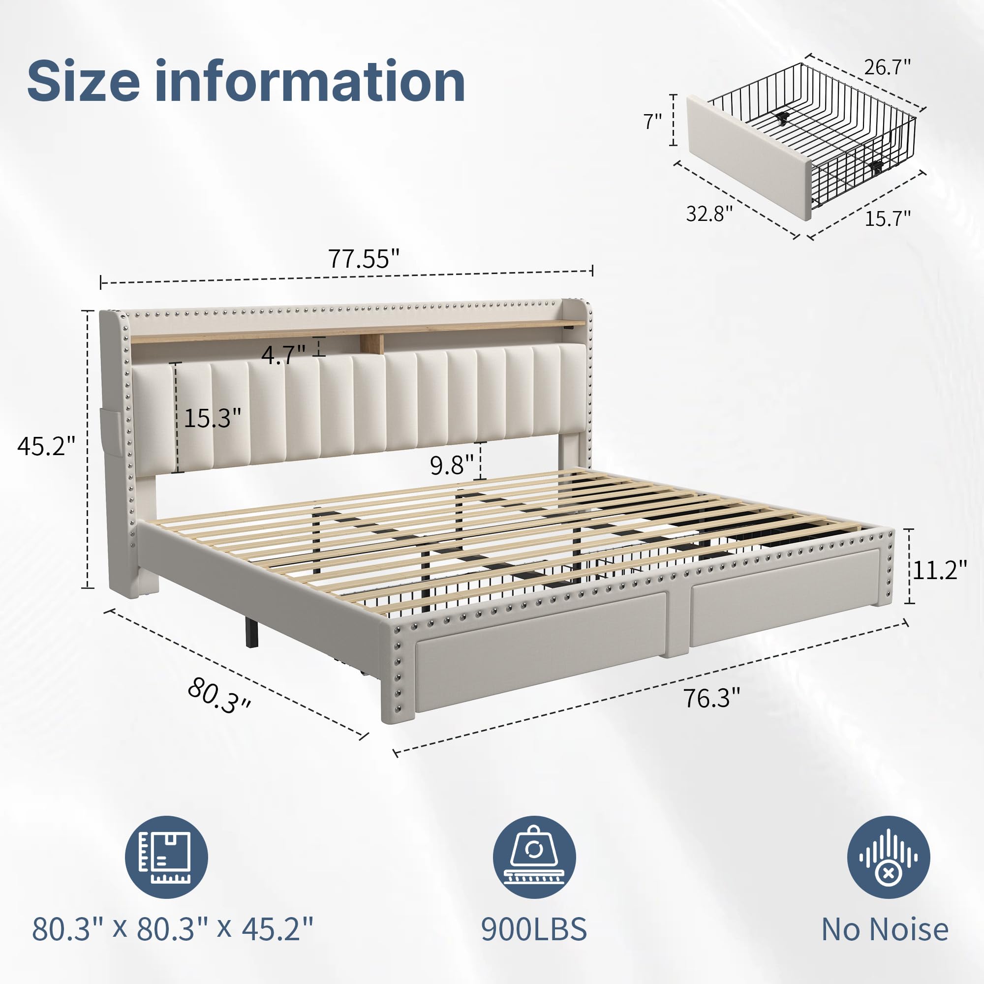 EnHomee King Size Bed Frame with Storage, Headboard, and 2 Drawers, 900LBS Sturdy, No Box Spring Needed, Beige